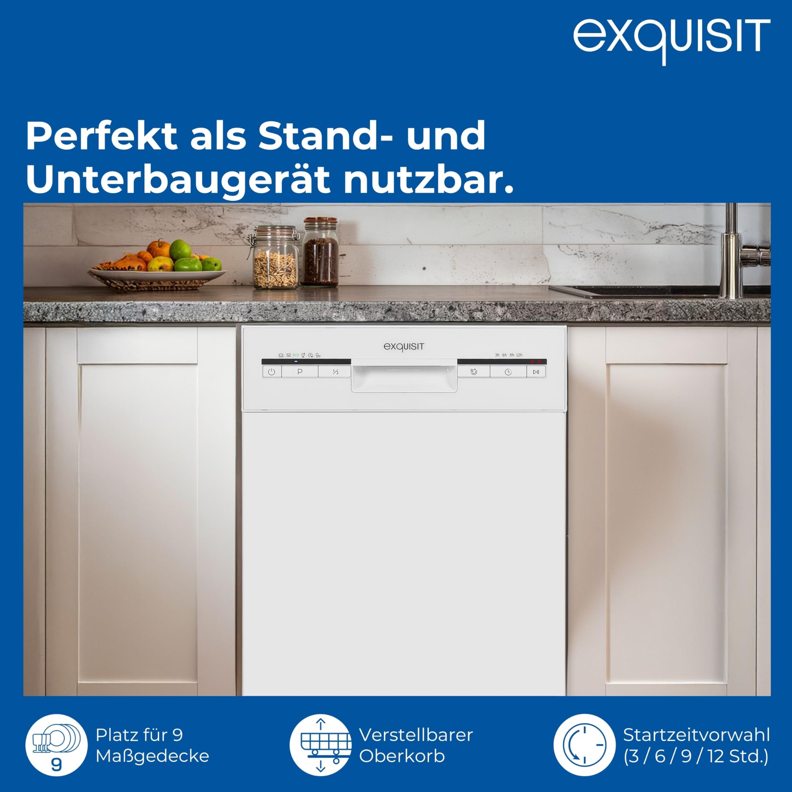 Exquisit Geschirrspüler 9 Maßgedecke Energieklasse E 49 dB 6 Programme Edelstahl-Bottich weiss