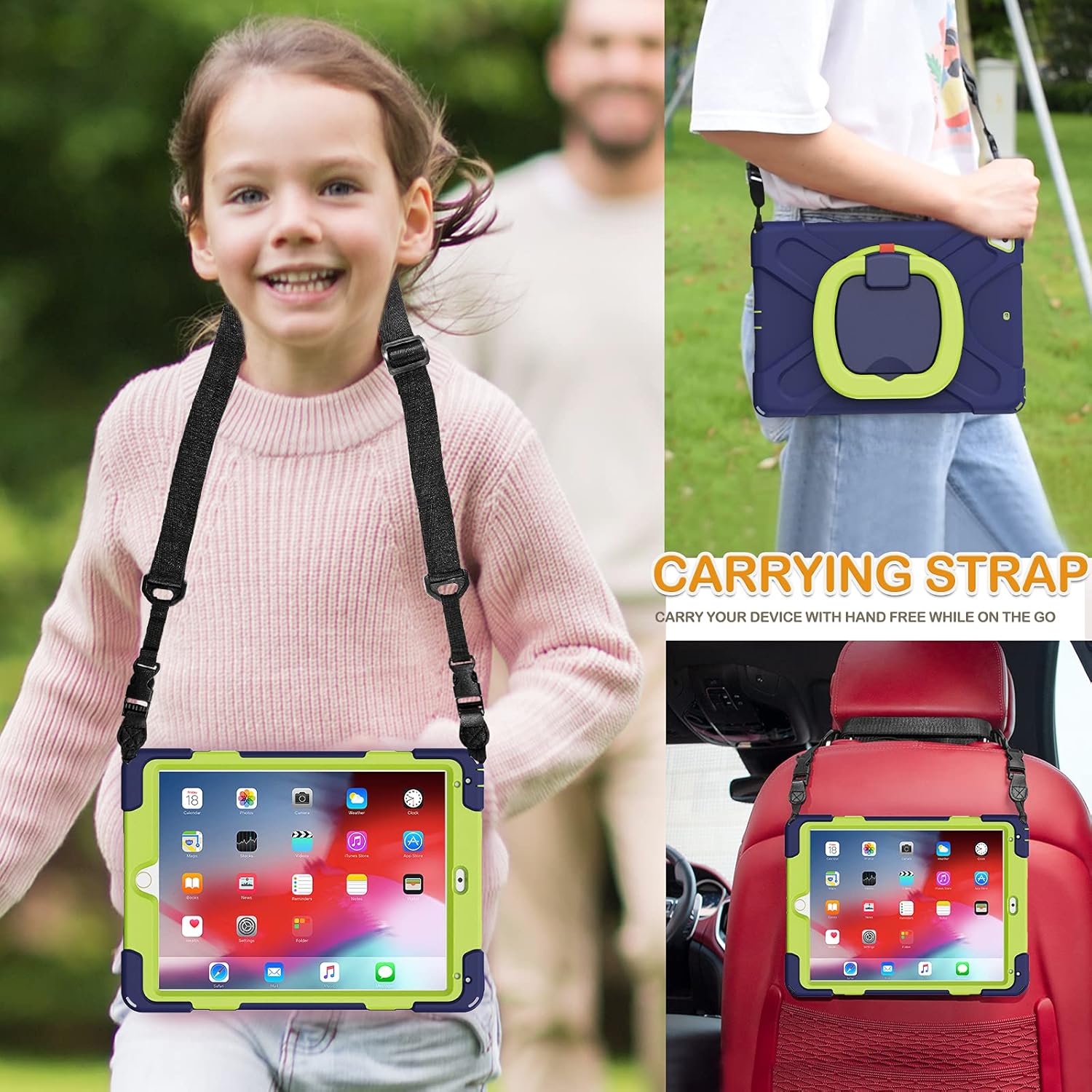 BRAECN Case for iPad 9.7”, iPad 6th/5th Generation 2018/2017, iPad Air 2, Hybrid Shockproof Rugged Drop Protection Cover with Kickstand, Pencil Holder, Carrying Strap, Hand Grip for Kids-Navy+Green