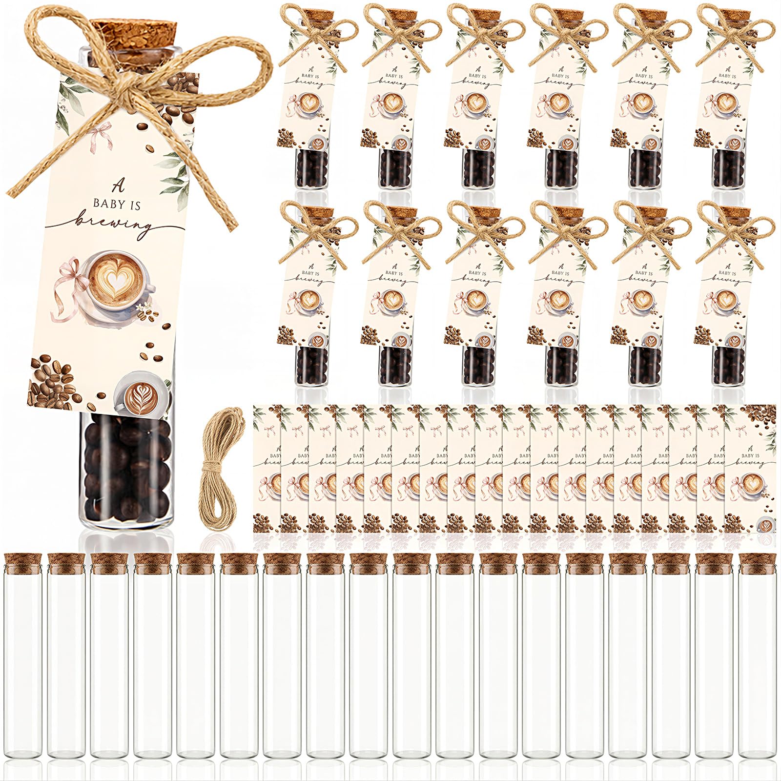 Domensi 30 Set a Baby Is Brewing Shower Decorations Coffee Themed Baby Shower Favors for Guests, Includes 30 Glass Bottles with Cork Stopper 30 Thank You Cards for Party Souvenirs Gift(Pink Bow,Brown)