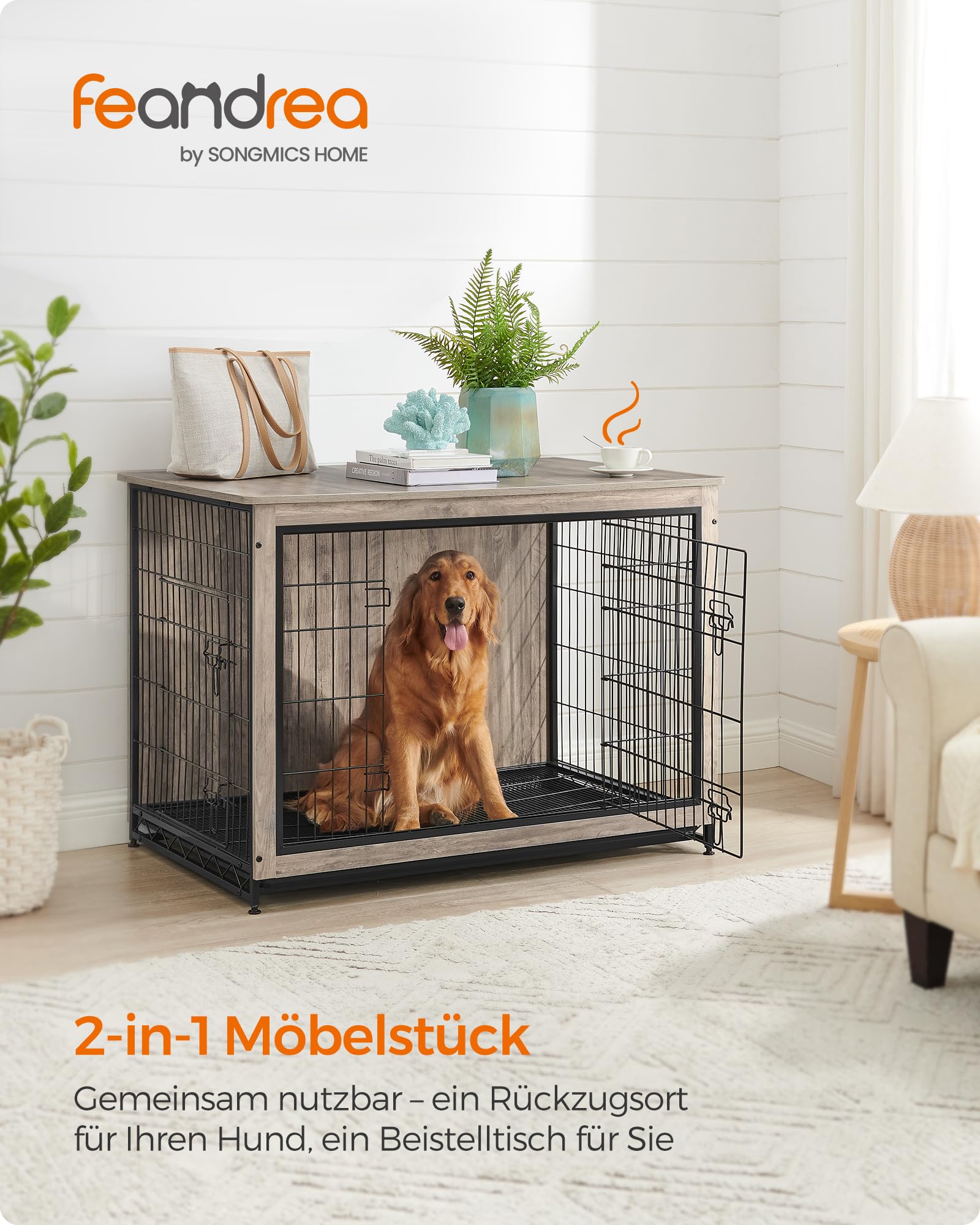 Feandrea Hundekäfig Möbel, Beistelltisch, Hundebox, Moderne Hundehütte Indoor für Hunde bis zu 36 kg, hochbelastbar, Hundehaus für Zuhause, herausnehmbares Tablett, 2 Türen, Greige PFC004G01