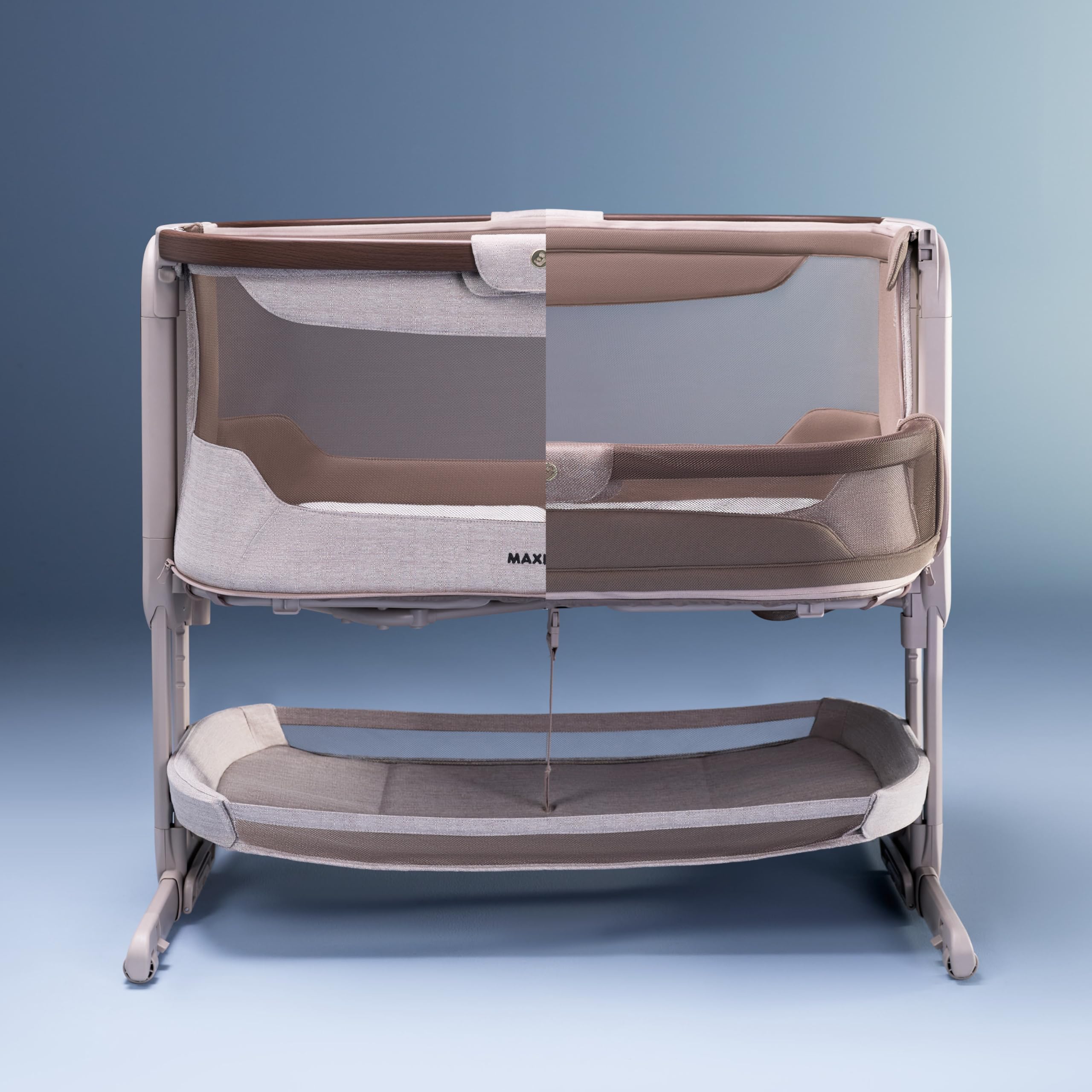 Maxi Cosi Iora Select Baby Stubenbett 0-6 Monate 9 kg Faltbares Beistellbett Schaukelbett CloudCore-Matratze 3 cm 5 Höhenstufen 4 Rollen Easy Slide Elegance Truffle