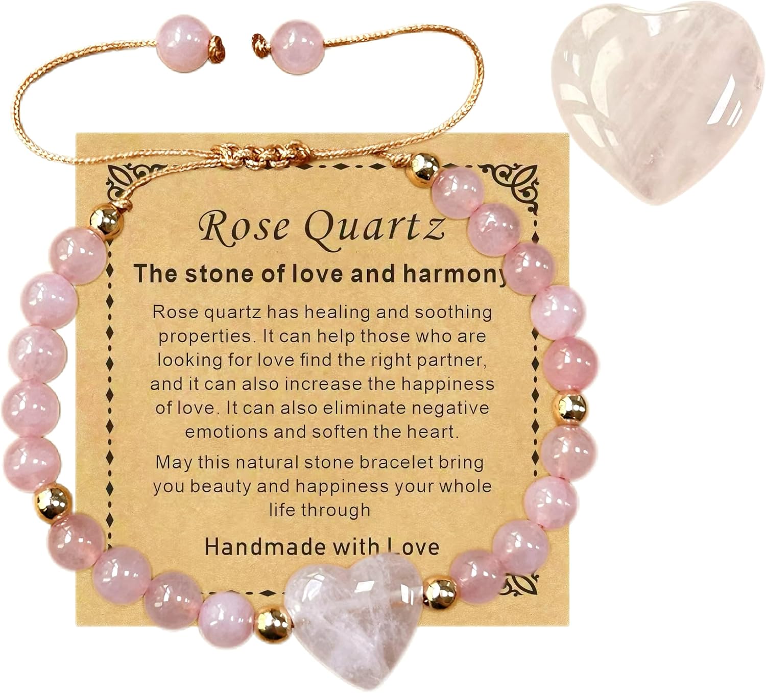 Dulovkpt 6mmHeart Crystal Beaded Bracelets for Women and Rose Quartz Healing Anxiety Stone Handmade Pink Natural Stone Bracelet Stretch Bracelet Gemstone Reiki Spiritual Valentine DayJewelry Gifts