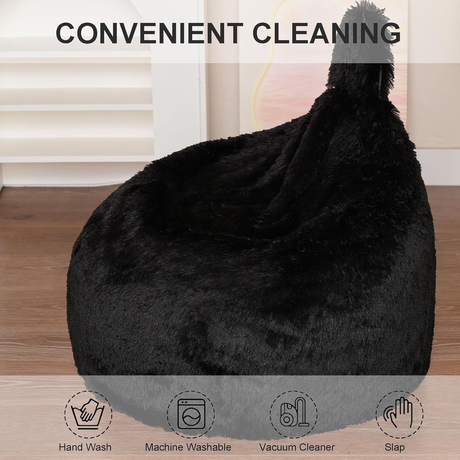 BCU Bean Bag Chair Cover Ultra Soft Fluffy Faux Fur Beanbag Cover Plush Living Room Chairs Cover for Adults and Kids, Black