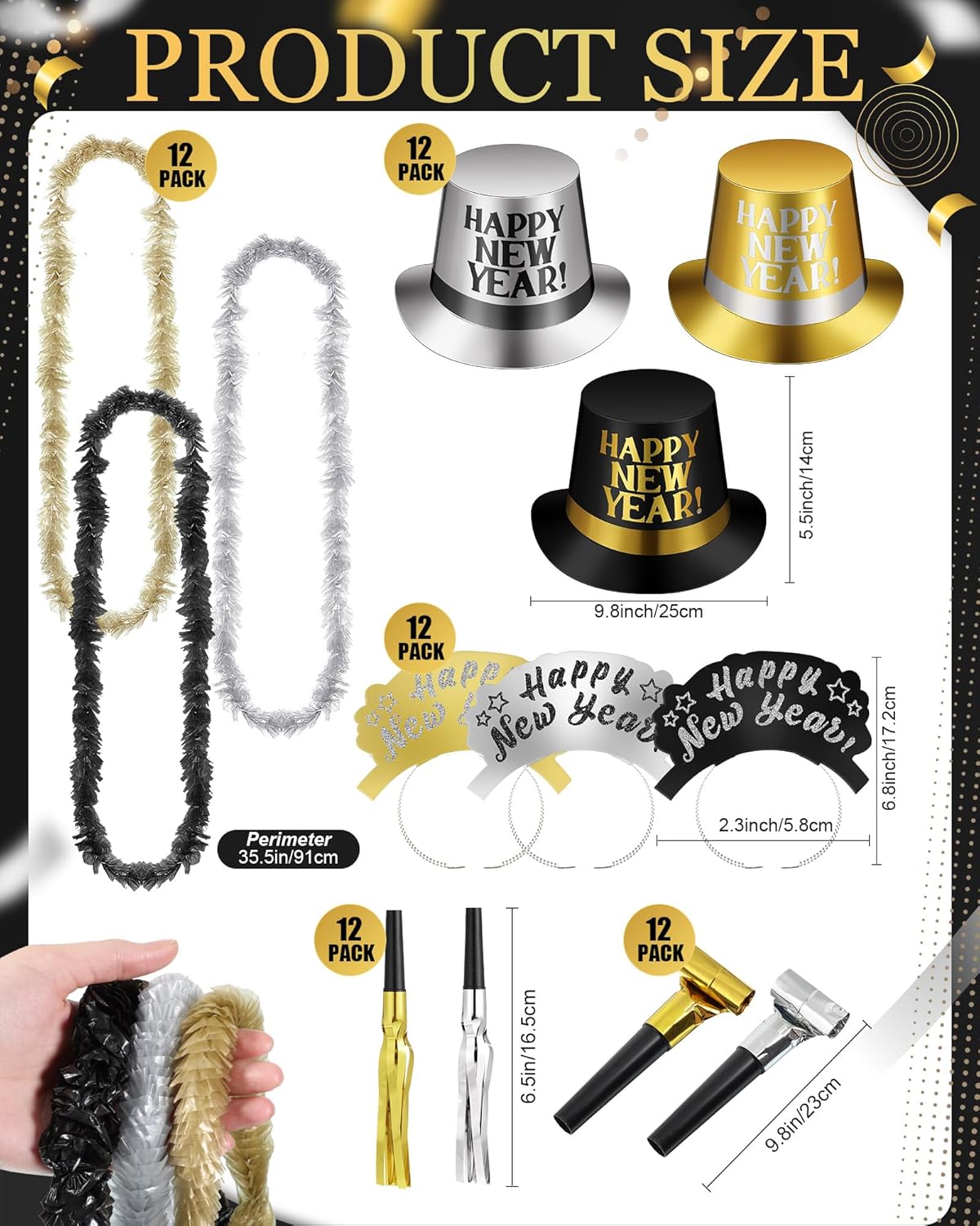 72 Pcs New Years Party Supplies 2026 Eve Party Decorations Midnight Supplies Set of 24 Includes Hats, Headbands, Squawkers, Blowouts Gifts for New Year Eve Accessories - Image 2