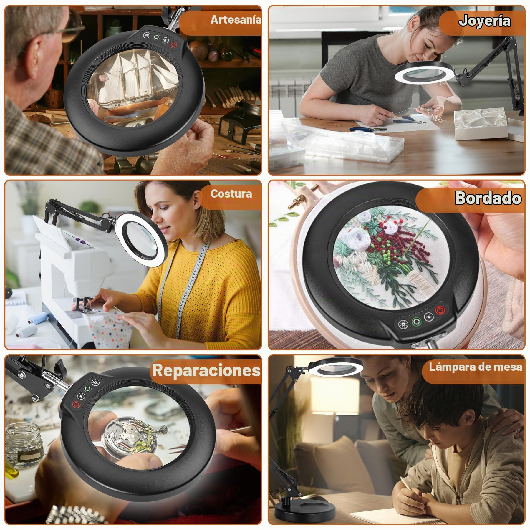 Veemagni 12X Lupa con Luz, 5 Modos de Color Regulable sin Escalonamientos, 2 en 1 Lámpara de Aumento y Pinza, Lupa con Luz LED y Soporte, Lámpara de Escritorio para Lectura Reparación Trabajo Manual