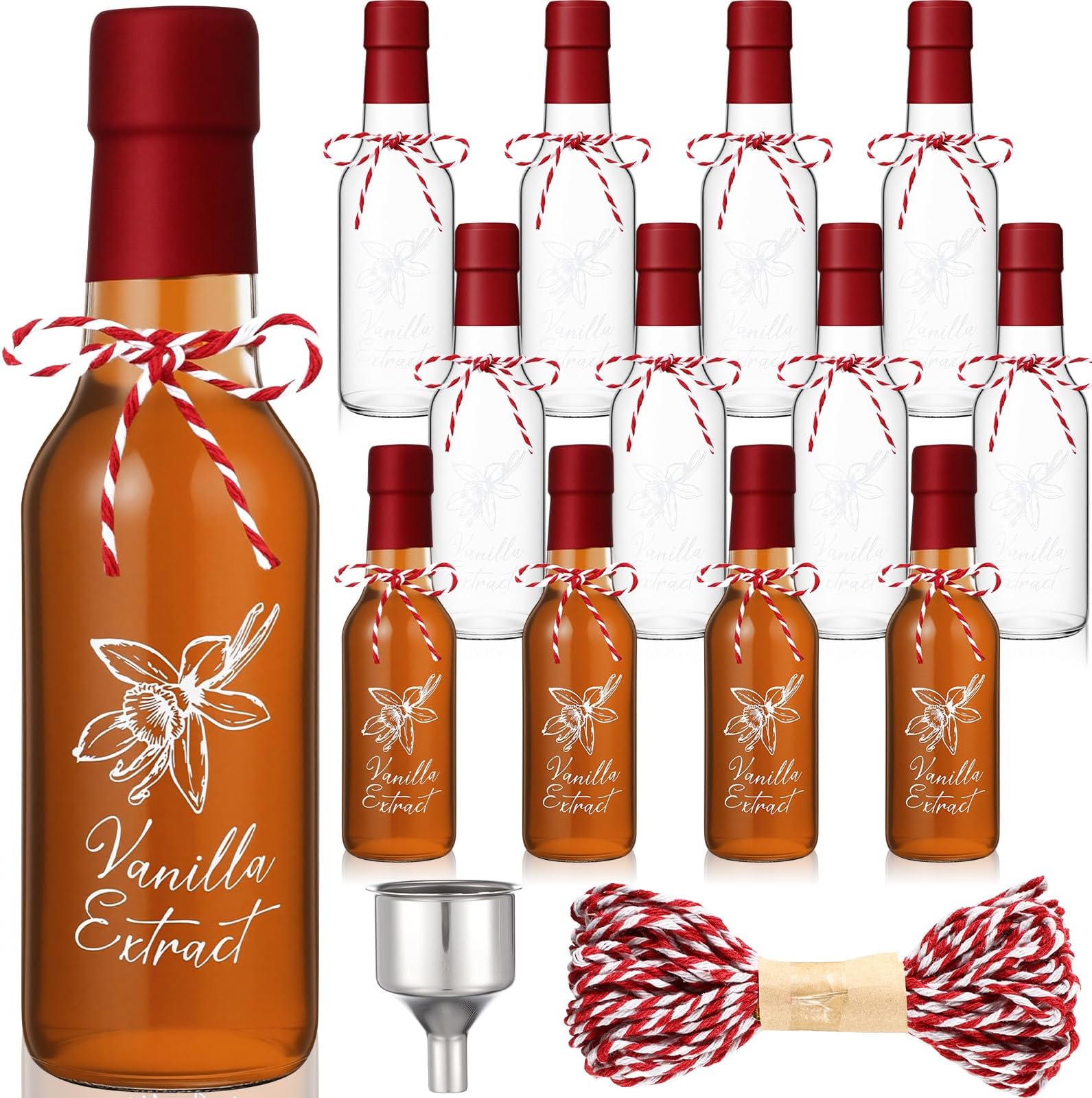 12 Sets Vanilla Extract Bottles Sets 5 oz Clear Glass Bottles with Tags and Twine and Funnel for Home Brewing Wedding Baby Shower Party Favors
