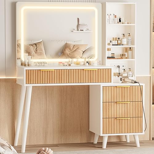 44" Vanity Desk with Mirror and Lights, Makeup Vanity Desk with Power Outlet, Makeup Desk with 5 Drawers&Storage Shelves, Vanity Table 3 Color Adjustable Brightness Dressing Table Set for Bedroom