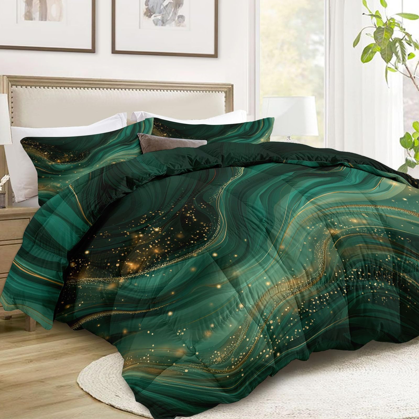 Bettdecke ohne Bezug 155x220cm, 4 Jahreszeiten Abstrakte Linien Wirbel Grüner Marmor Steppdecke mit 2 Kissenbezug - Warme Weiche Atmungsaktive Schlafdecke Waschbar Ganzjahresdecke - Dunkle Farbe