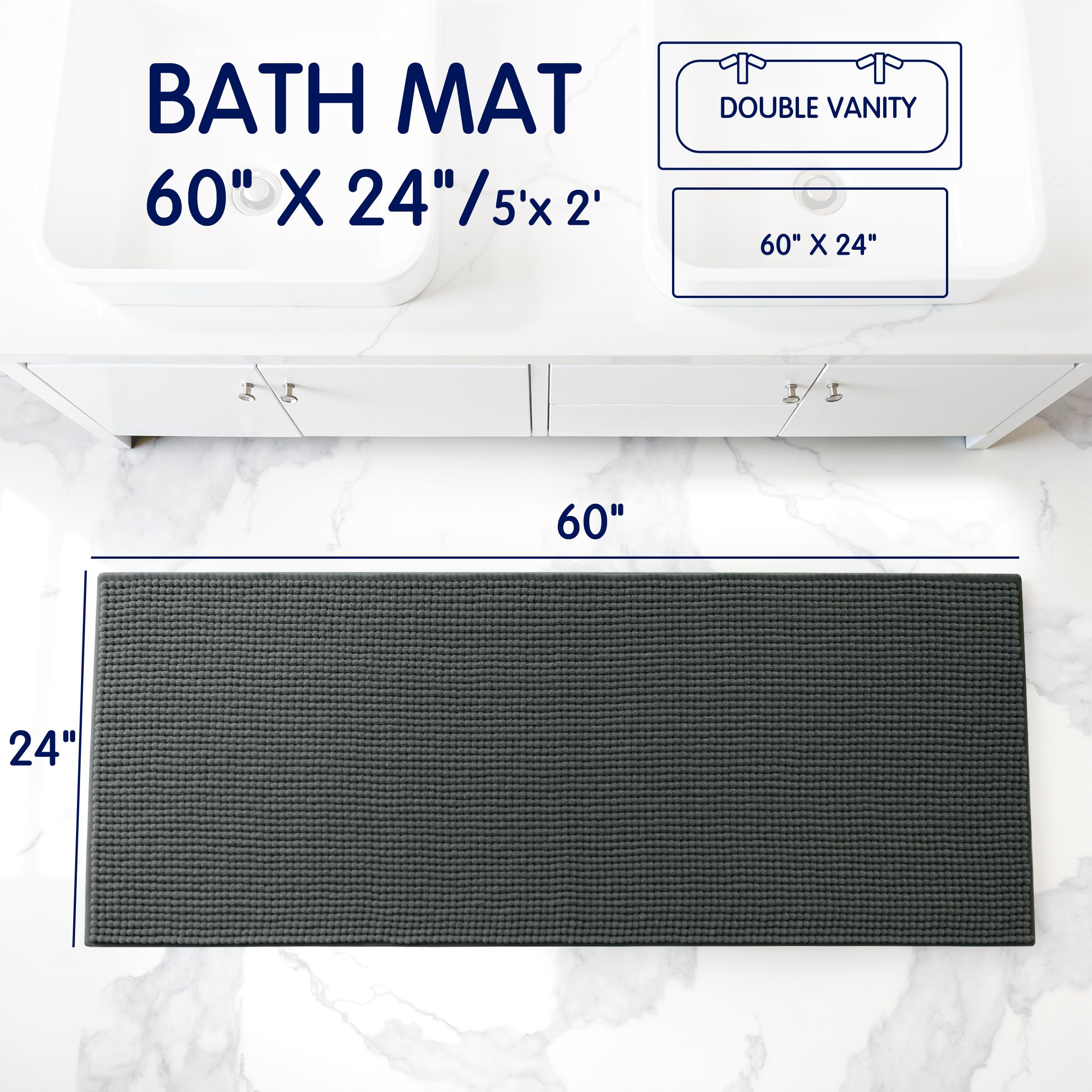 subrtex Badezimmerteppich, Chenille-Badteppich, weich, kurz, Plüsch-Badematte, weiche Duschmatte, wasserabsorbierend, schnell trocknend, maschinenwaschbar (Grau, 61 x 152,4 cm)