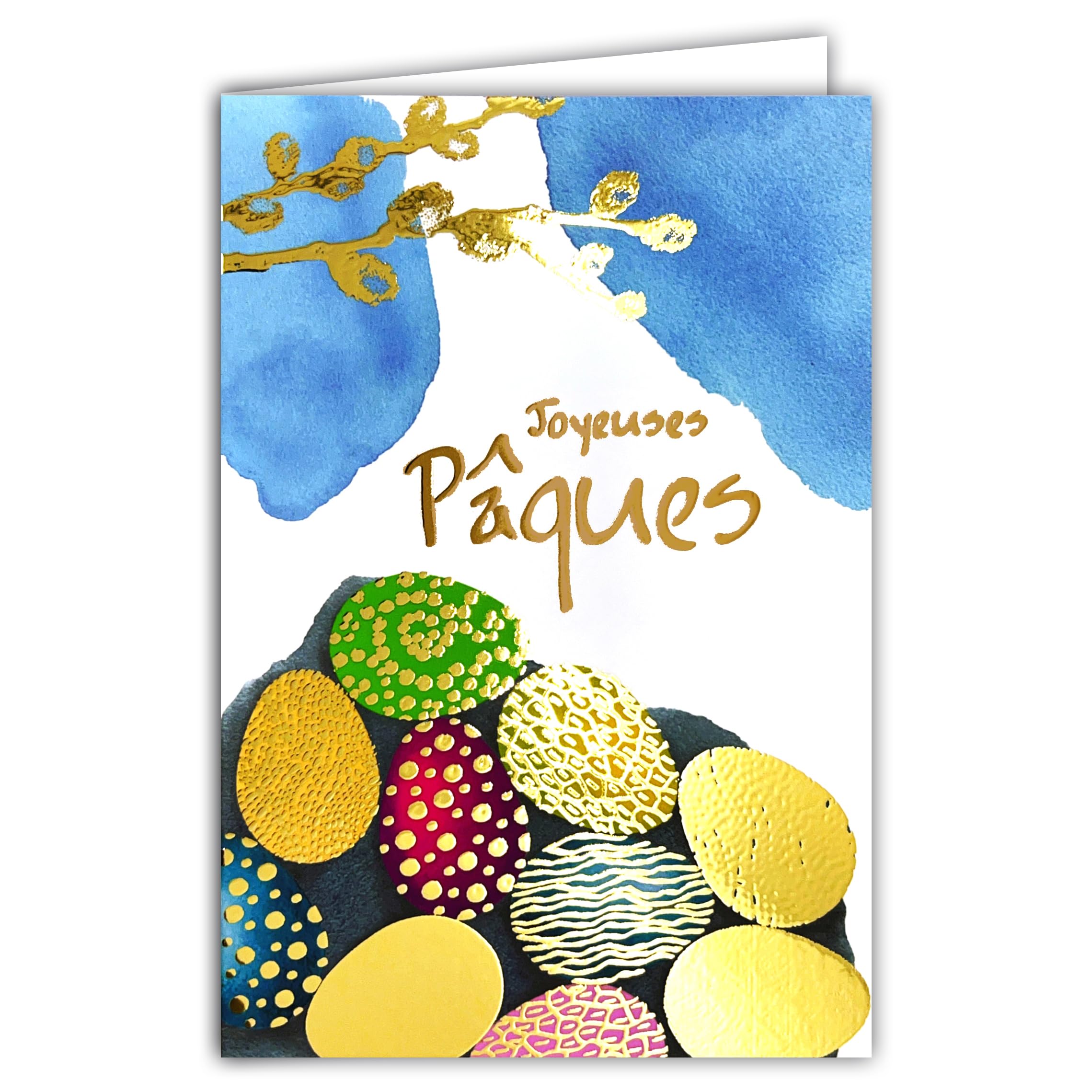 62-1023 Happy Easter Card in Shiny Gold with Envelope 12 x 17.5 cm - Illustration Colourful Bird Eggs Watercolour Painting Spring Festival - Creation Edition Print Made in France