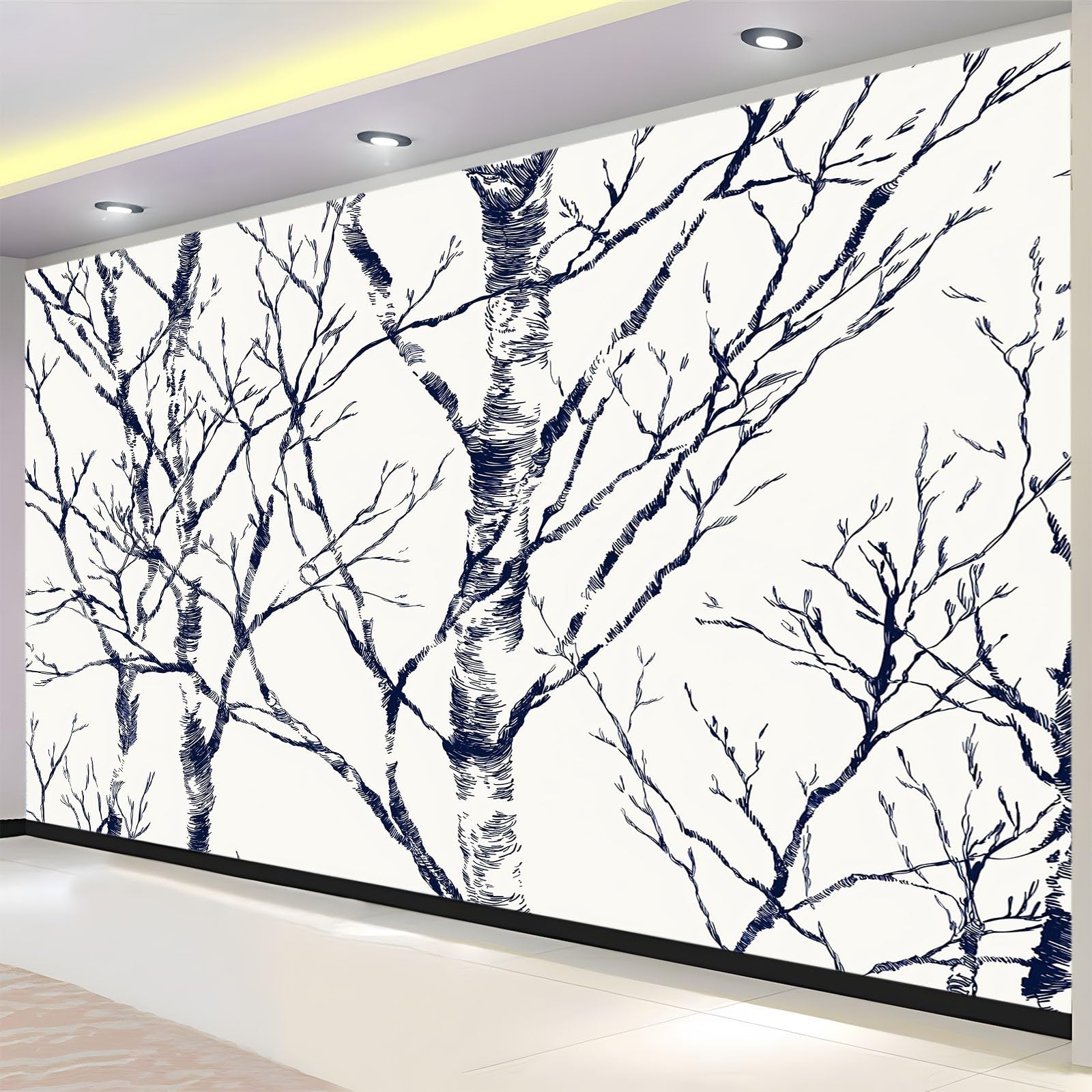Biała, ręcznie rysowana, zimowa tapeta z motywem gałęzi lasu brzozowego, 350 x 256 cm, włóknina, wysokiej jakości nadruk, fototapeta, duża dekoracja ścienna do salonu, sypialni, biura, jadalni, pokoju