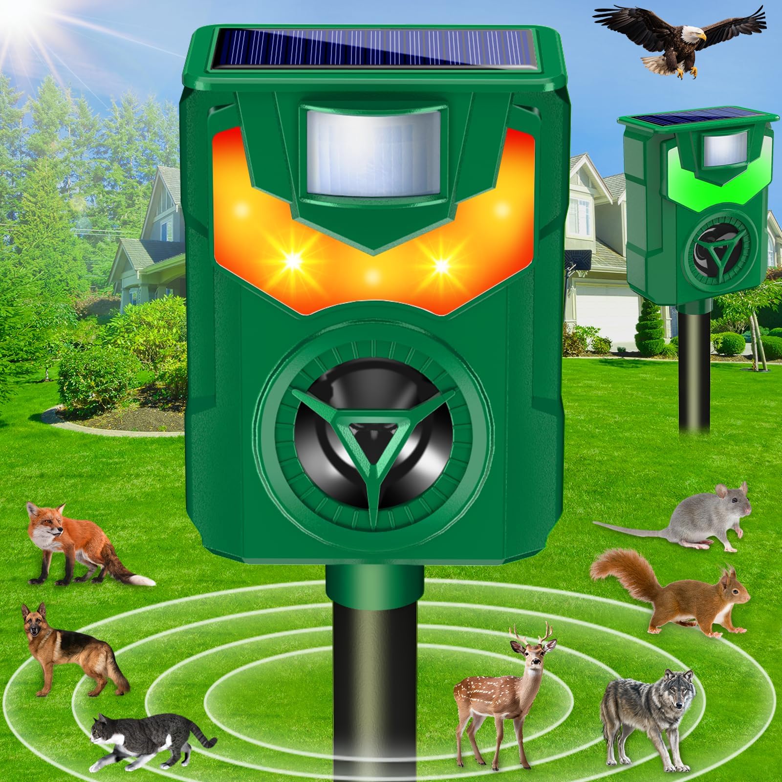 Solar Animal Repeller, Ultrasonic Cat Repellent Outdoor with Motion Sensor & Flame Flashing Light, Deterrents Device for Raccoon Squirrel Skunk Deer Rabbit Rodent Dog Repellent for Yard,Farm,Garden