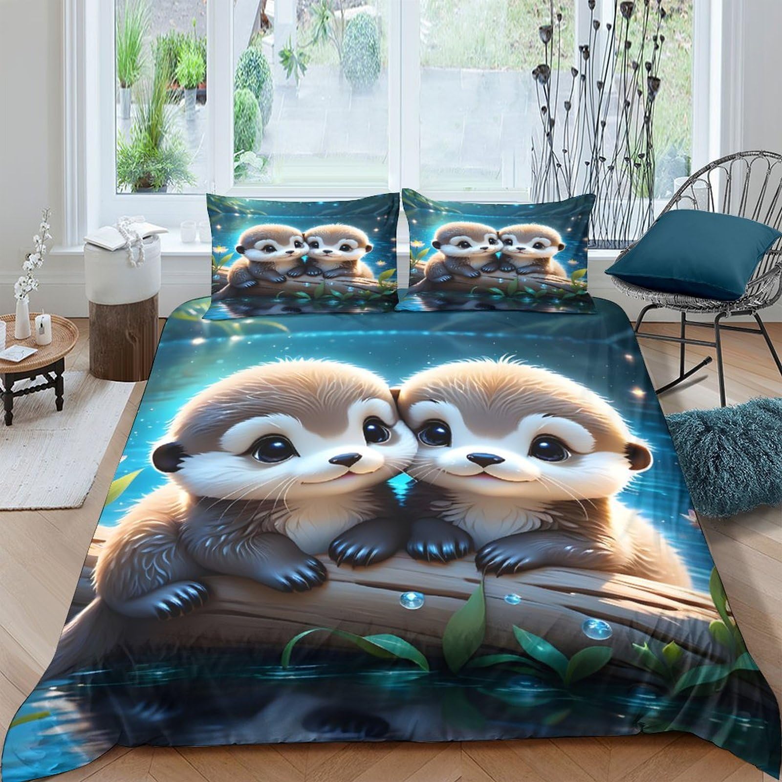 Ctjqhvkz Style-3 3D Printed Cute Otter Fitted Sheet Microfiber Soft Anti-Slip Blue Forest Bed Cover For Bedroom Guest Room Decor Single（135X200cm）