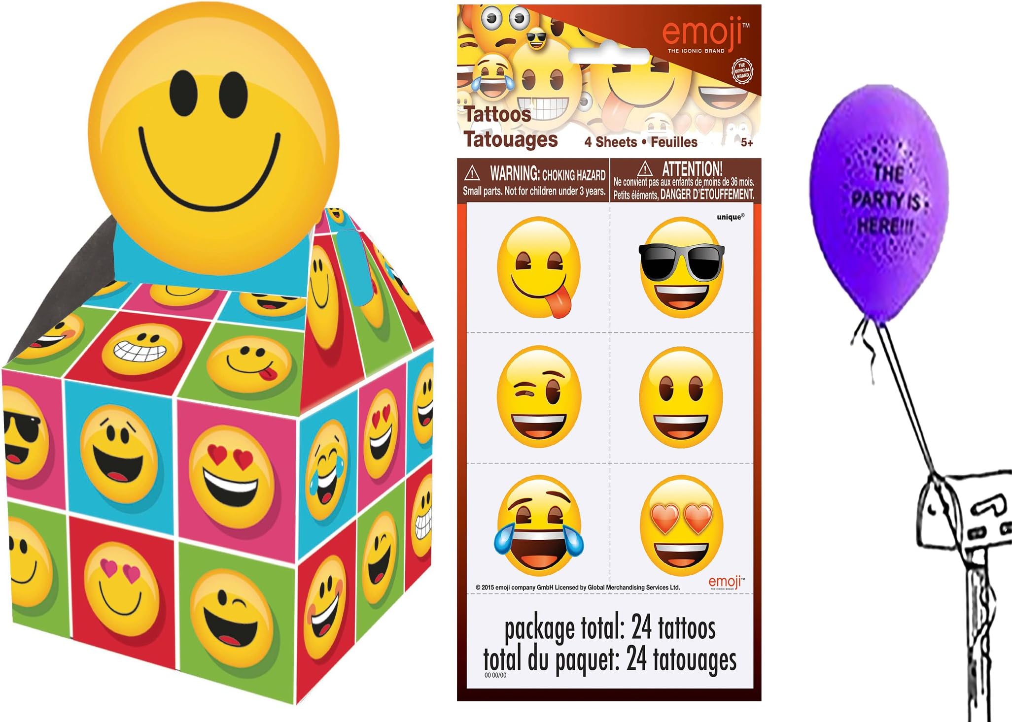 Emoji 16 Count PartyFavor Boxes And 24 Emoji Tattoos With The Party Is Here Balloon