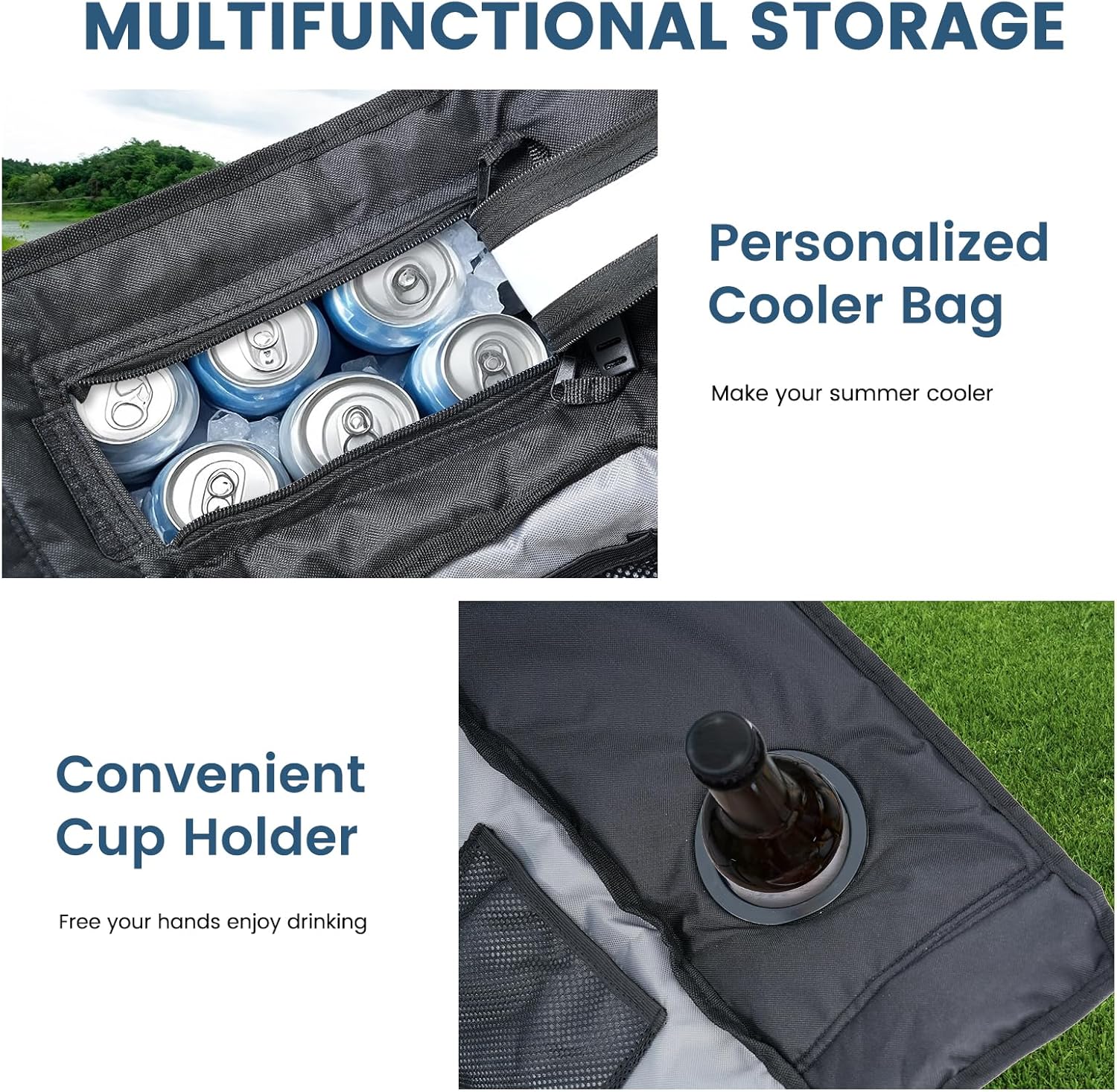 LILYPELLE Oversized Rocking Camping Chair for Adults, Fully Padded Folding Outdoor Lawn Chair with Cooler Bag and Side Pocket, Portable Recliner Rocker Chair for Camp, Patio, Backyard