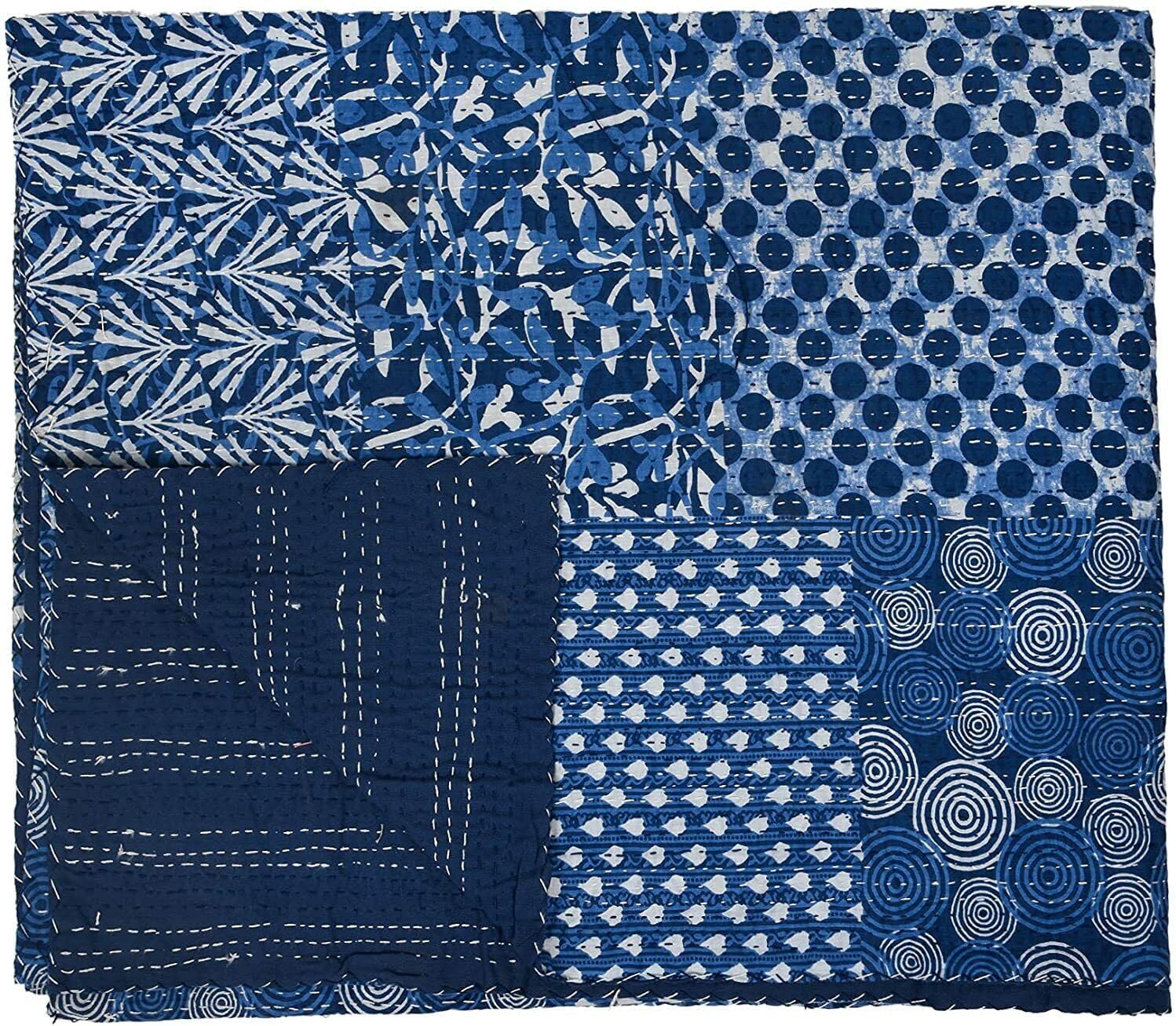 Indian Handmade Cotton Ikat Print Kantha Quilt, Reversible Throw Blanket Bedding