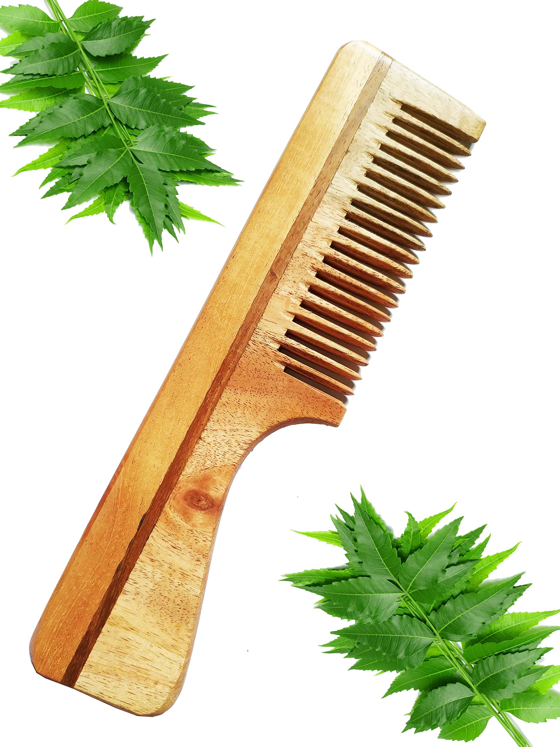 Evana Handcraft Pure Neem Wood Comb with Handle | Anti dandruff | Hair Growth | Model 2 | Anti Bacterial | Men/Women/Kids