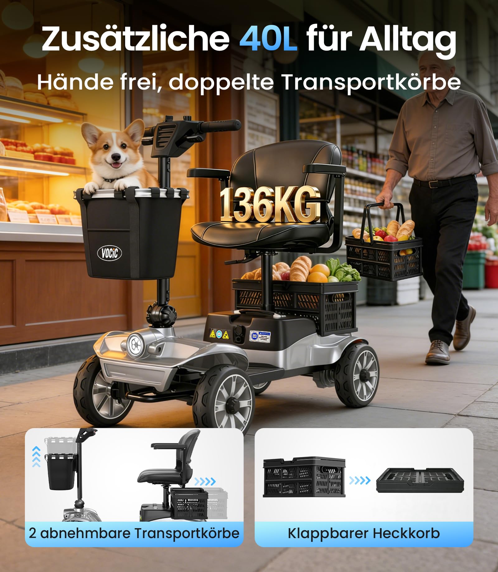 VOCIC D35 Seniorenmobil klappbar 35KM, 40L Doppelten Korb Elektromobil für Senioren bis 136KG, mit 20CM großen Rädern, 40L Doppelten Korb ergonomischer verstellbarer Sitz abnehmbarer Akku, Grau Silber