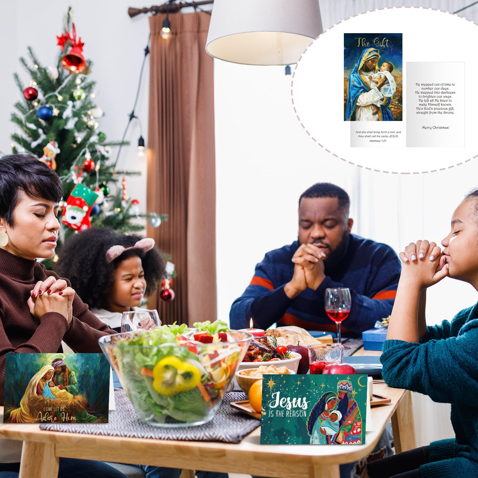Motiskyy 50 tarjetas de Navidad religiosas afroamericanas surtidas a granel con escrituras cálidas bendiciones en el interior, ángeles de Papá Noel negro, 10 estilos, tarjetas de felicitación