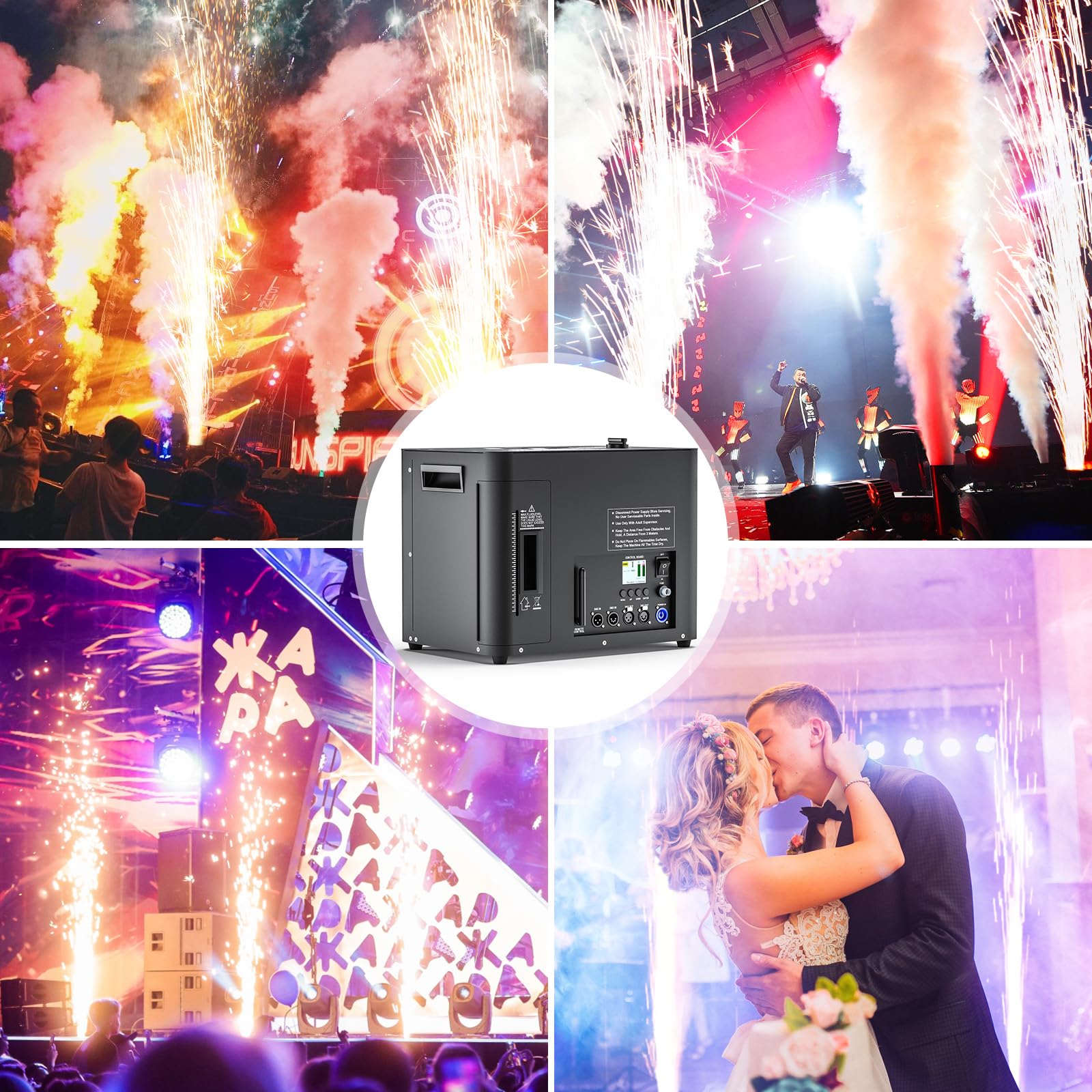 2400W Pyrotechnikmaschinen mit Flightcase, 6 LED Perlen Nebelmaschine d-mx512 Cold Spark Machine Bühneneffekt Wunderkerze mit Funkfernbedienung für Hochzeit Party DJ Bühne Live