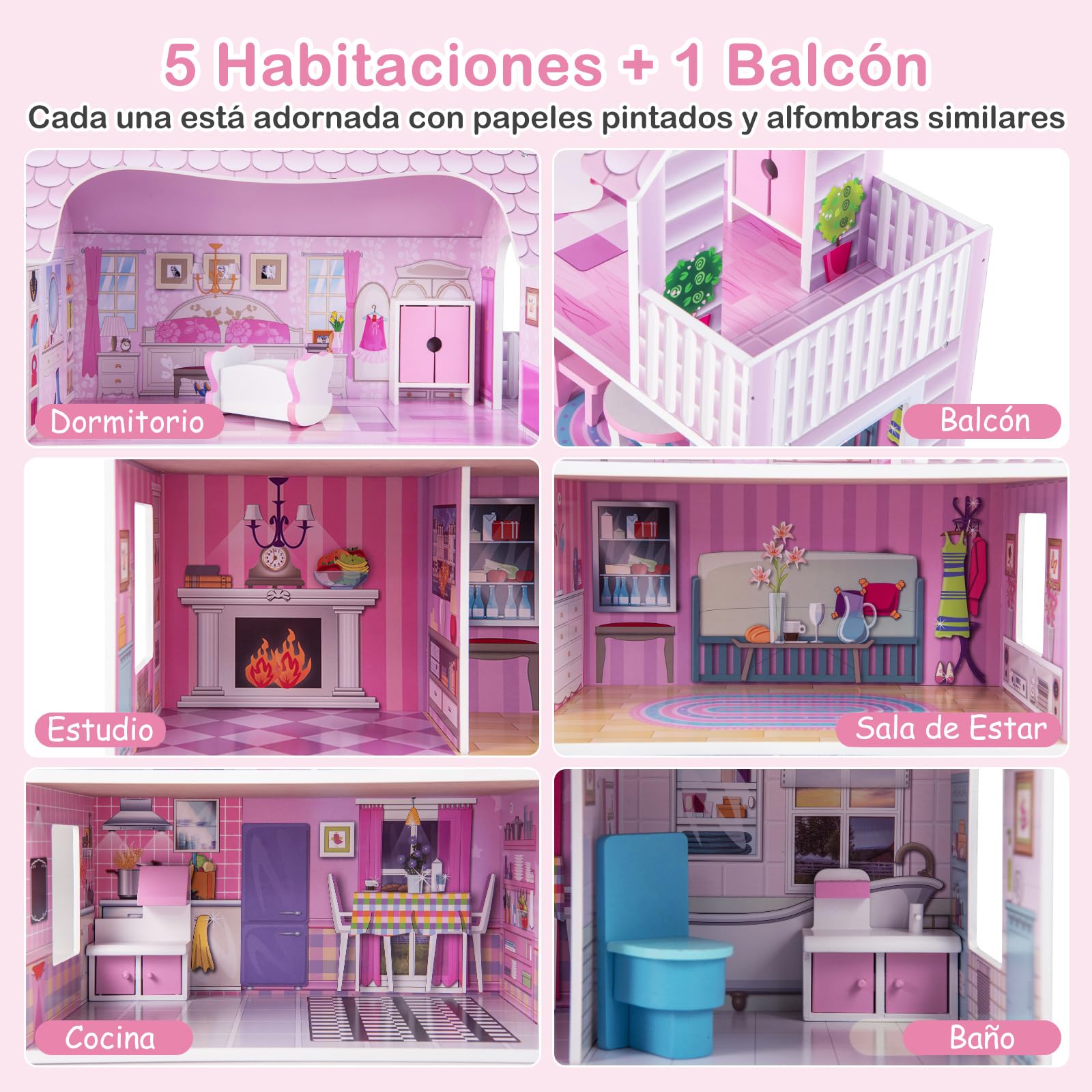 COSTWAY Casa de Muñecas de Madera, Casa Muñecas de 3 Niveles con Accesorios para Niños y Niñas Más de 3 Años, Juego de Roles Infantil, Casita de Muñecas de Ensueño, 61 x 26,5 x 71 cm, Rosa