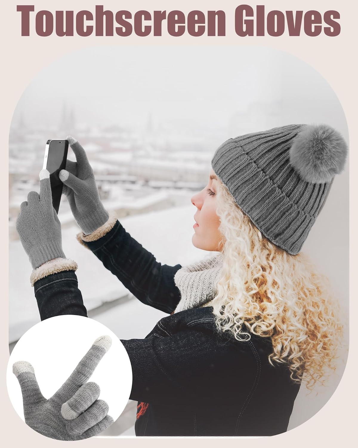 12 Pcs Women Beanie Hat Gloves Set Stain Lined Hats Fleece Hats Touchscreen Gloves Knit Mittens for Men Adult Cold Weather - Image 5