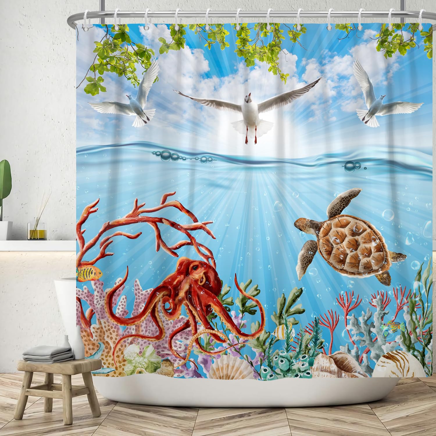 ASDCXZ Ocean Shower Curtain 120x200 cm, Blue Ocean Marine Organisms Turtle Octopus Seagull Leaves Bath Washable Shower Curtains Polyester Textile Waterproof Bath Curtain for Bathtub with 8 Hooks — image 1