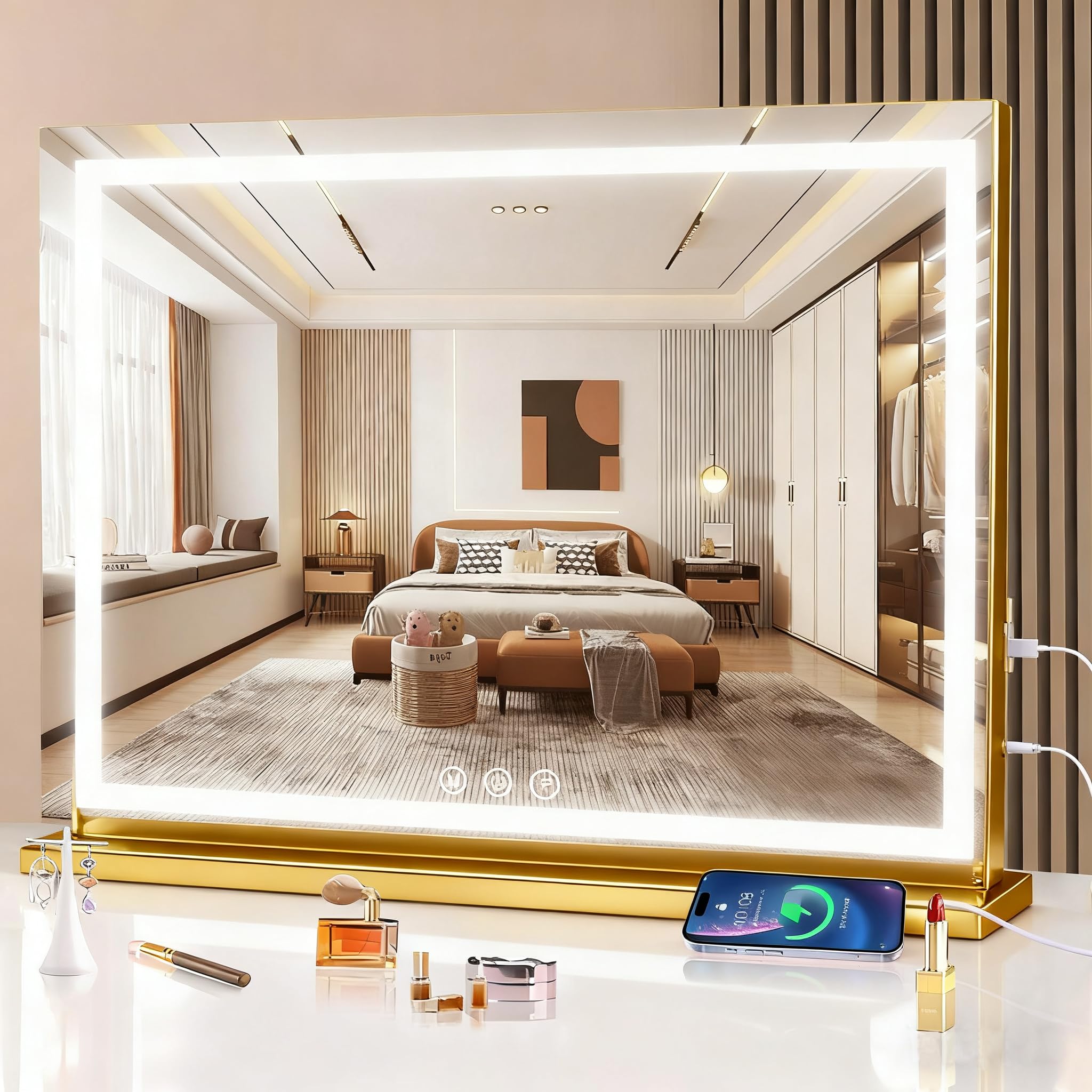 halumao Schminkspiegel mit Beleuchtung, Hollywood schminktisch Spiegel mit Beleuchtung, 3 Modi Dimmbar Tischspiegel mit Touch-Schalter USB-Ladeanschluss