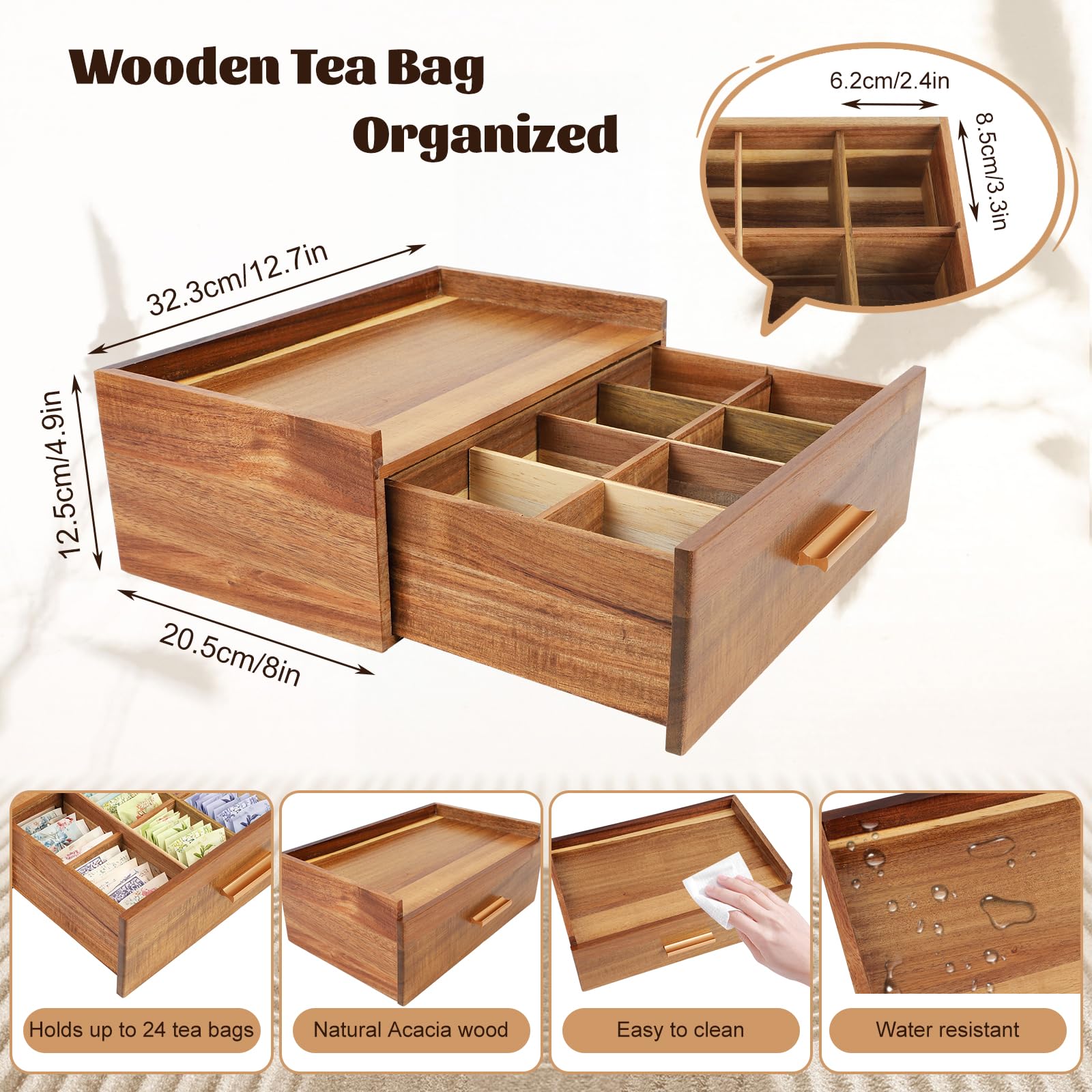 Organiseur de Sachet de Thé, Support de Rangement pour Sachet de Thé, Boîte pour Sachet de Thé, 32.3*20.5*12.5CM avec 8 Diviseurs Ajustables et Tiroir pour Présentation Sur Comptoir de Maison (A)