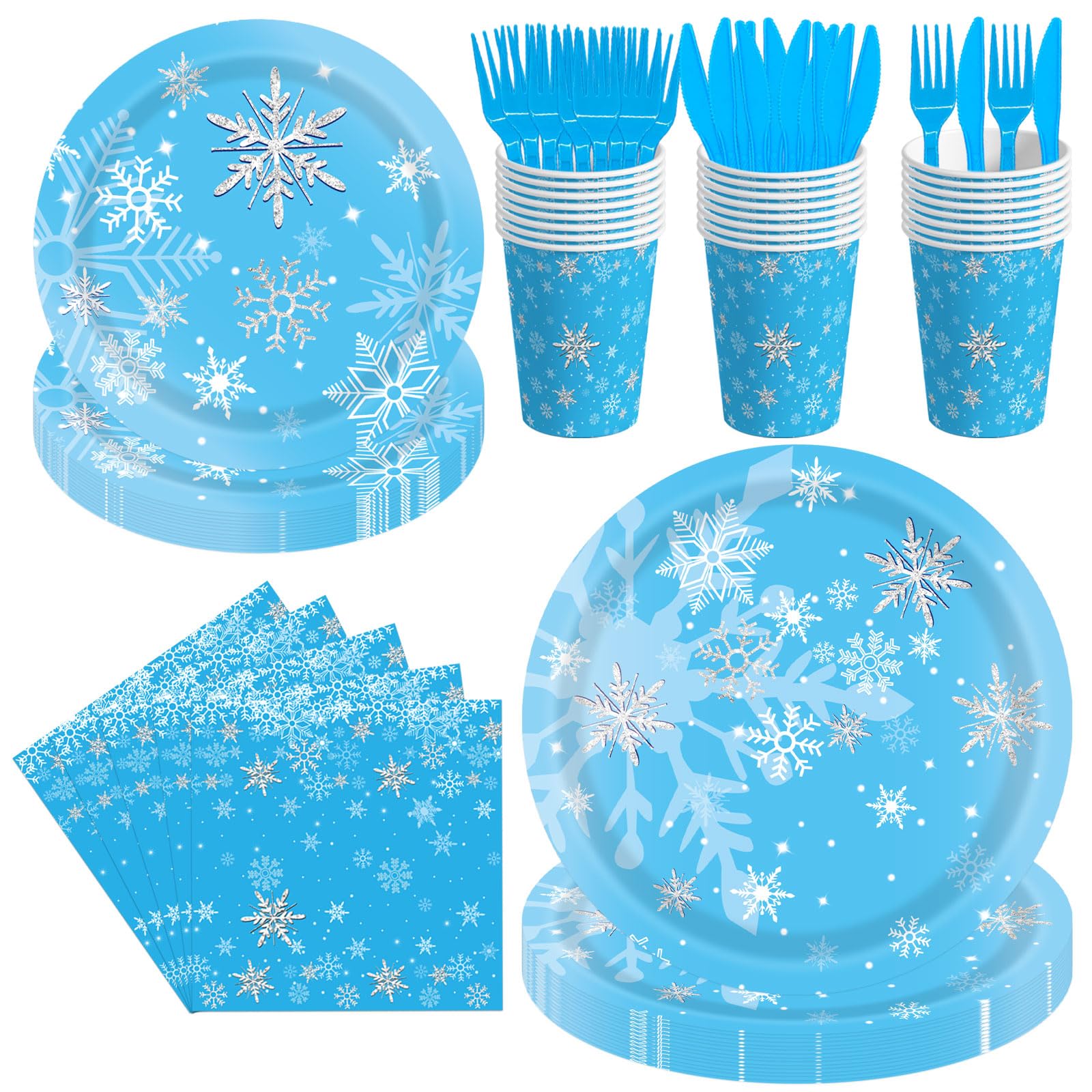 144PCS Snowflake Birthday Party Supplies Frozen Birthday Party Supplies Winter Wonderland Party Decorations Snowflake Christmas Party Tableware Set Snowflake Plates Napkins Cups Forks Knives Serve 24
