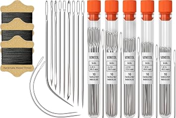 Waxed Sewing Thread 3 Rolls - Black Color, Heavy Duty Needles 11 PCS, Large Eye Blunt Tapestry Needle 50 PCS - Durable Hand Sewing Needles with Thread - Suitable for Leather, Canvas & More