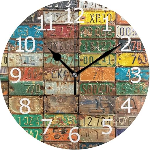 ALAZA Old Aged License Plates Collage Museum Acrylic Painted Silent Non-Ticking Round Wall Clock for Garage Basement Restaurant Workshop Wall