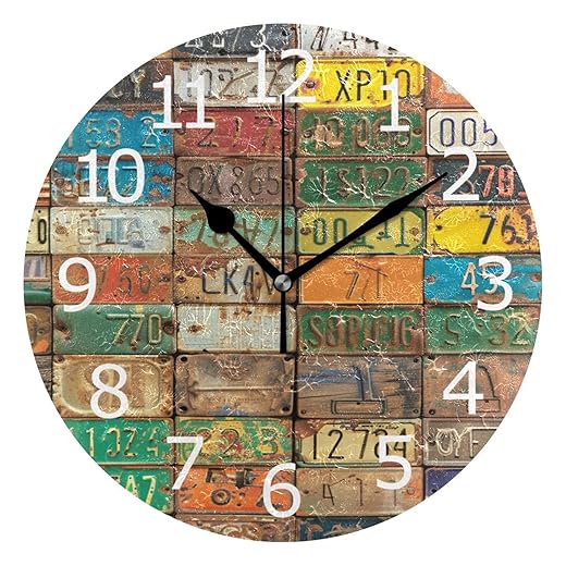 ALAZA Old Aged License Plates Collage Museum Acrylic Painted Silent Non Ticking Round Wall Clock