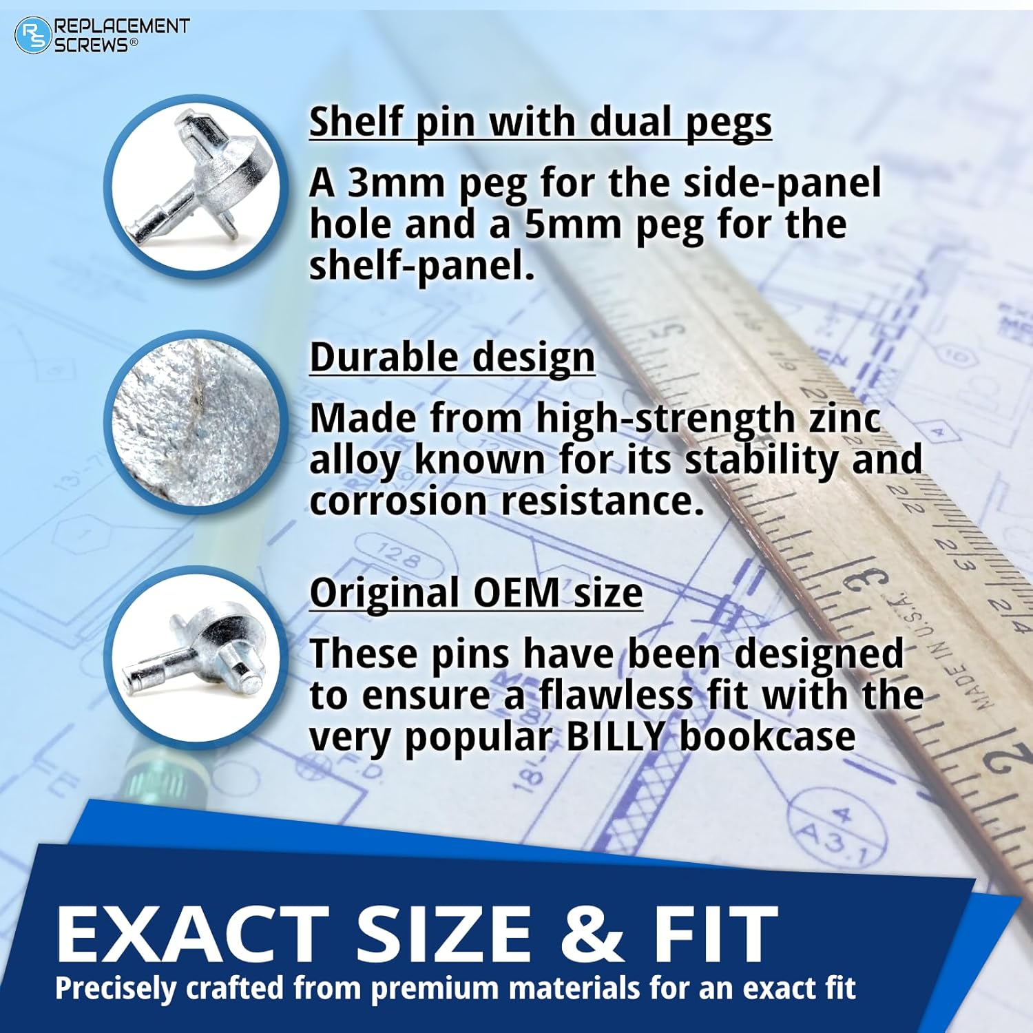 ReplacementScrews 4pcs Billy Bookshelf Pins / Pegs Compatible with IKEA Part 131372 - Zinc Alloy Die-Cast Shelf Supports