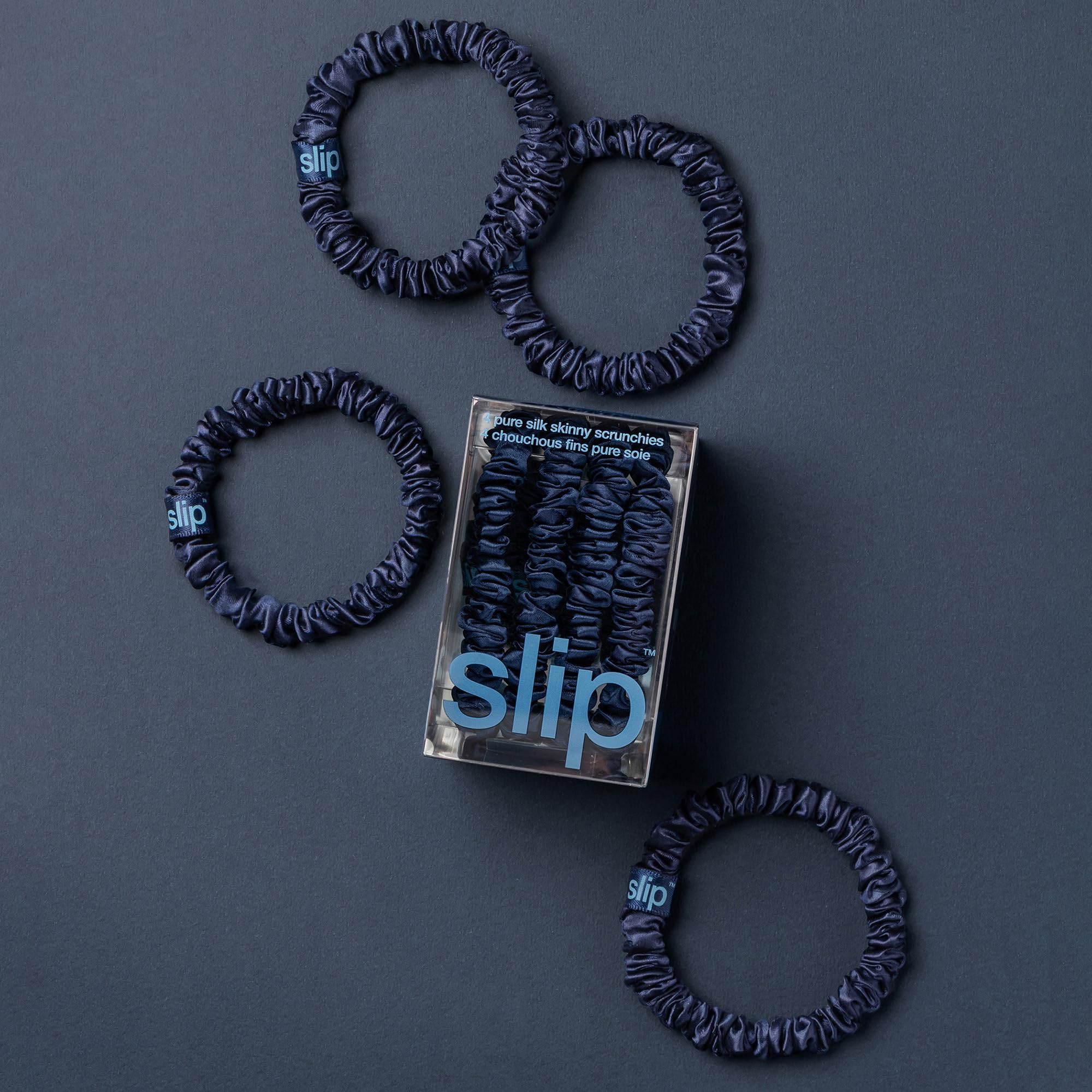 slip Silk Skinny Scrunchies -  | Set of 4 Skinny Scrunchies | 100% Mulberry Silk, Anti-Crease, Gentle on Hair, Reduces Breakage | Stylish & Durable, Ideal for All Hair Types: Navy