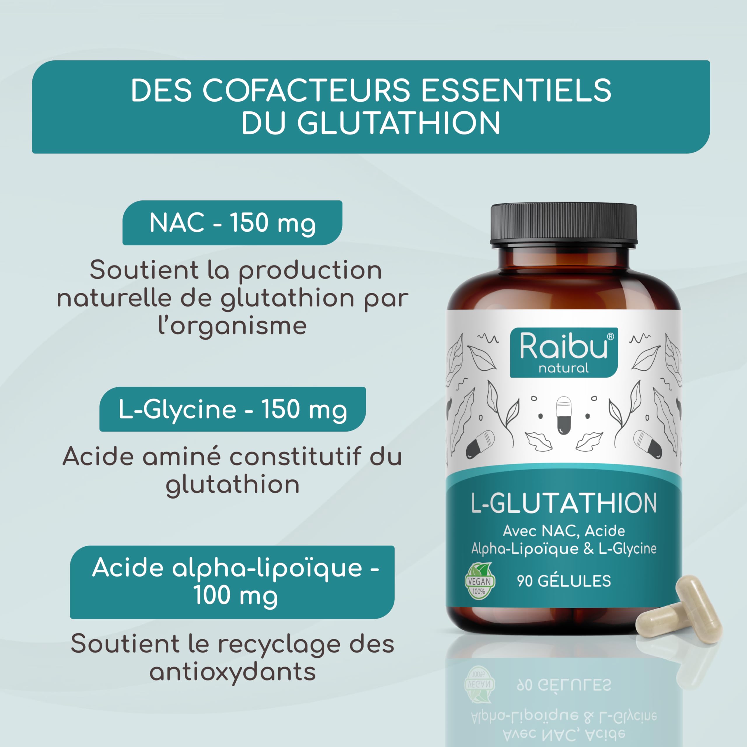 GLUTATHION Réduit à 98% - avec Précurseurs dont NAC & L-Glycine - L- glutathion issu de fermentation naturelle - Antioxydant - 900 mg Haute Dose