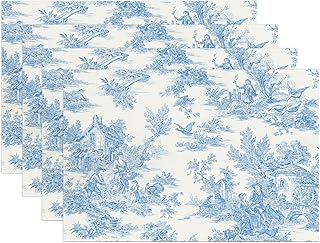 Vintage French Country Placemats Set of 4 Blue French Toile Print Decorative Linen Table Place Mat Non-Slip Heat Resistant Place Mats for Home Kitchen Dining Table, 12"x18"