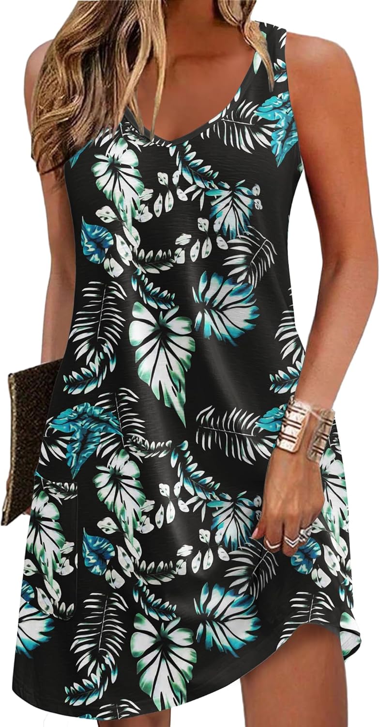 Zeagoo Womens Summer Dress 2026 Loose V Neck Sleeveless Sundresses Swimsuit Coverup with Pockets Floral Tank Dresses