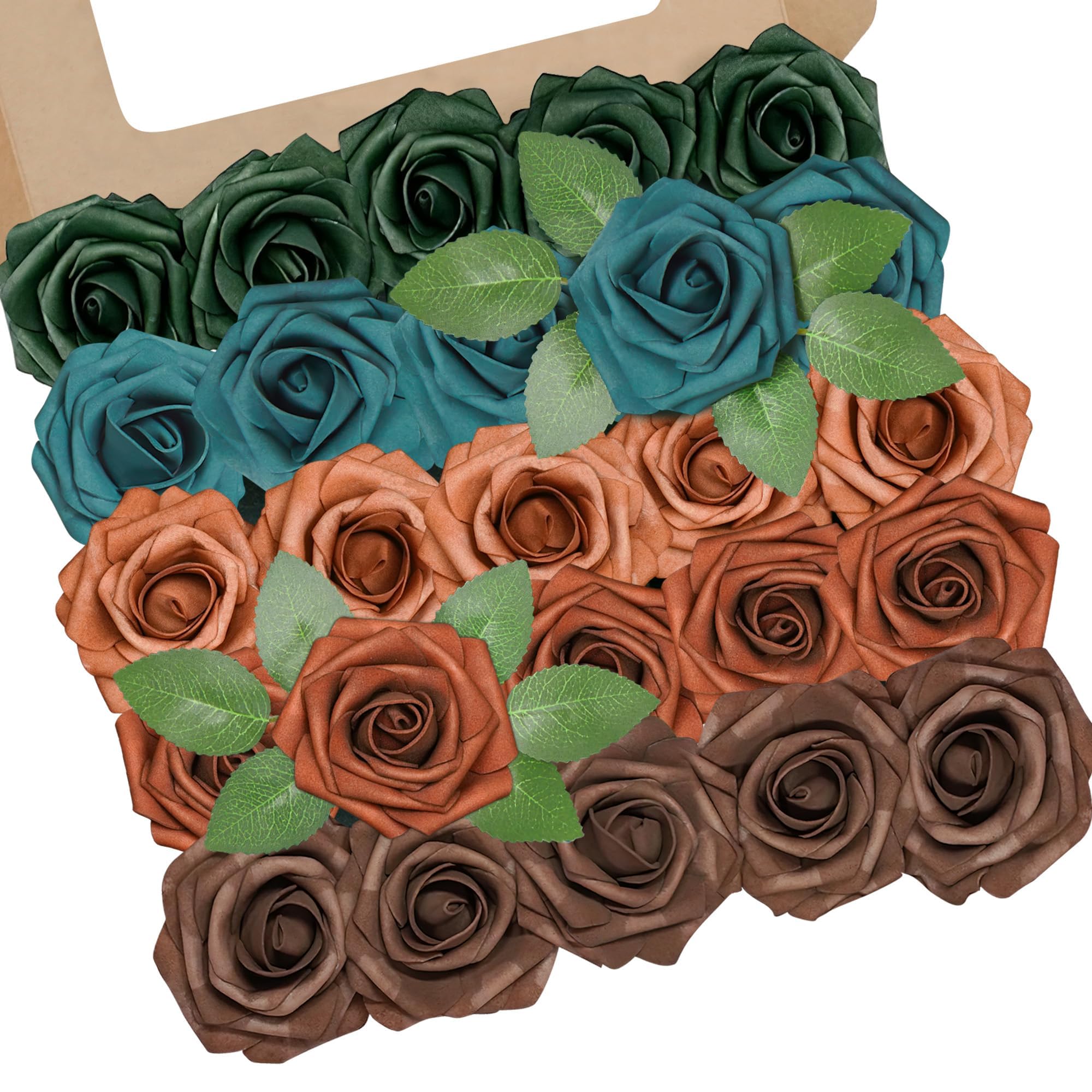Artificial Flowers, 25pcs Teal Green Terracotta Brown Rose for Bouquets — image 1