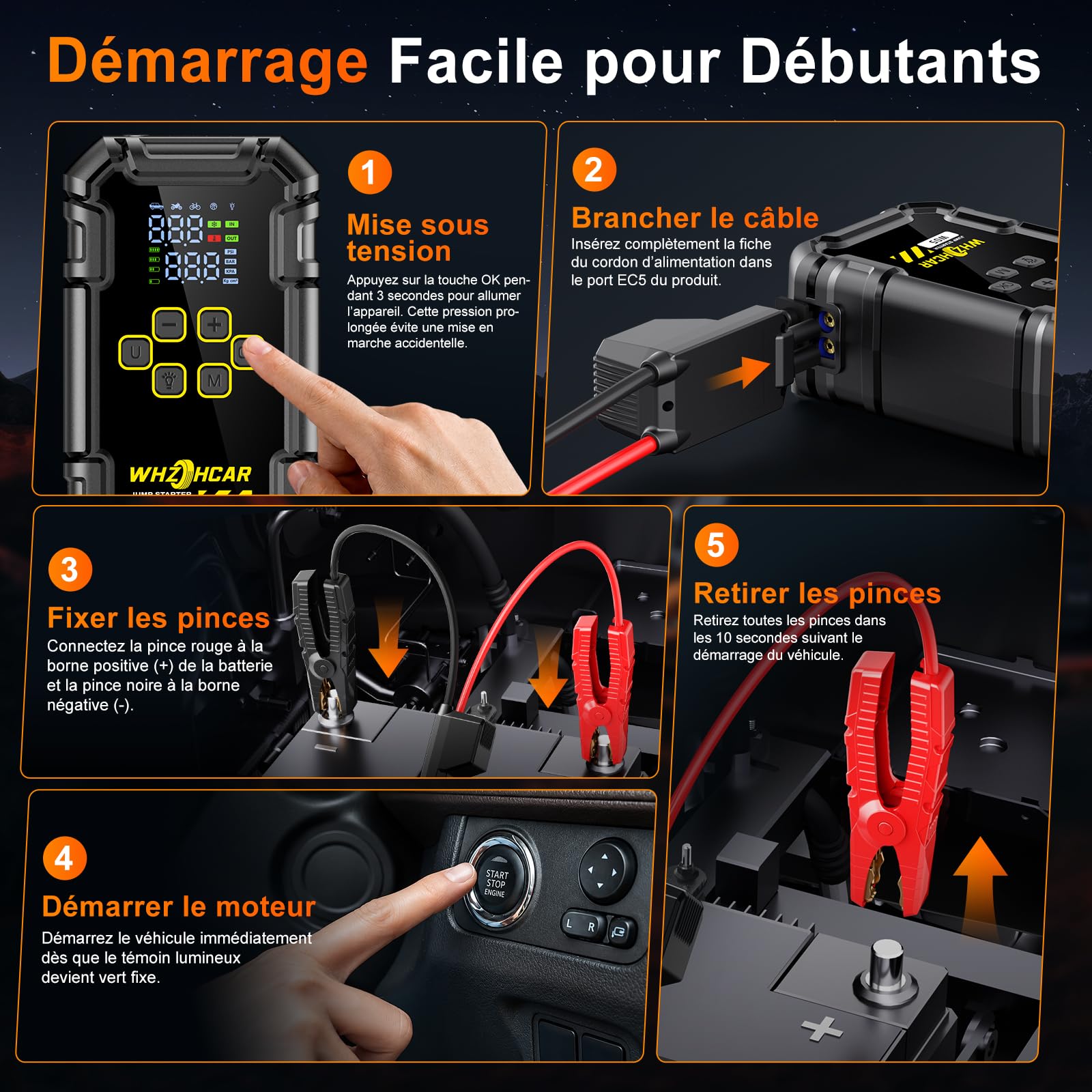 Booster Batterie Voiture 9000A avec Compresseur 160PSI, Démarreur Batterie Voiture 12V pour Tous Gaz/10L Diesel, Jump Starter avec Gonfleur Pneus, Écran LCD et 2 Lampes LED