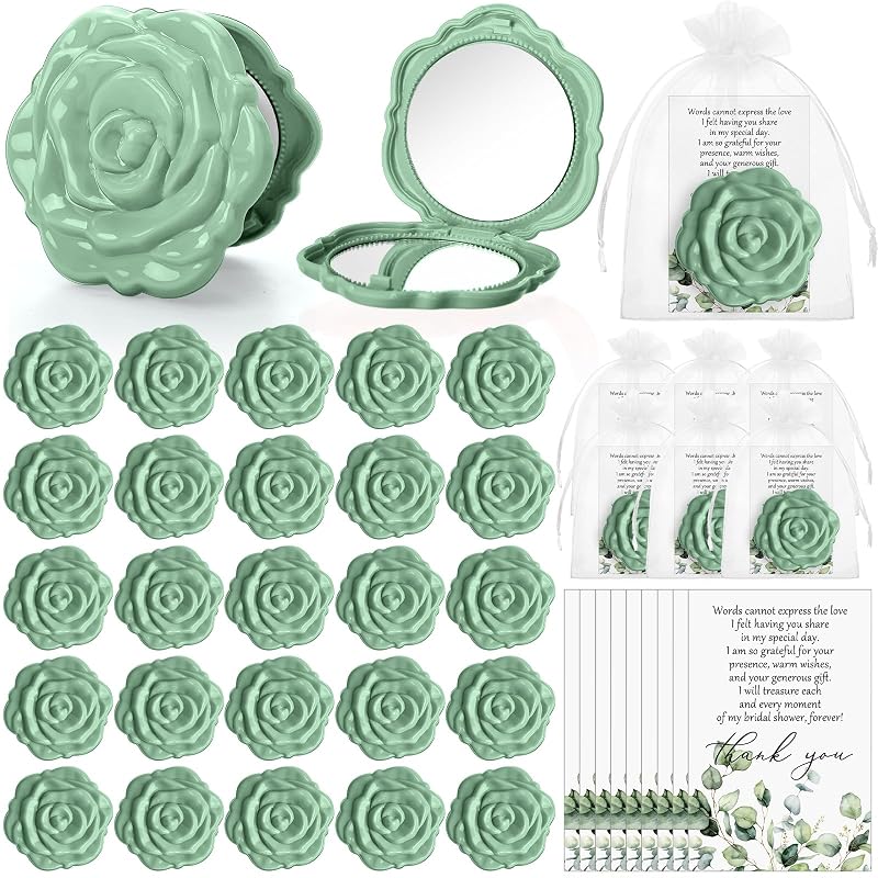 Espelhos compactos em formato de rosa FoldTier com cartões e sacos de organza, Verde — Pacote com 50