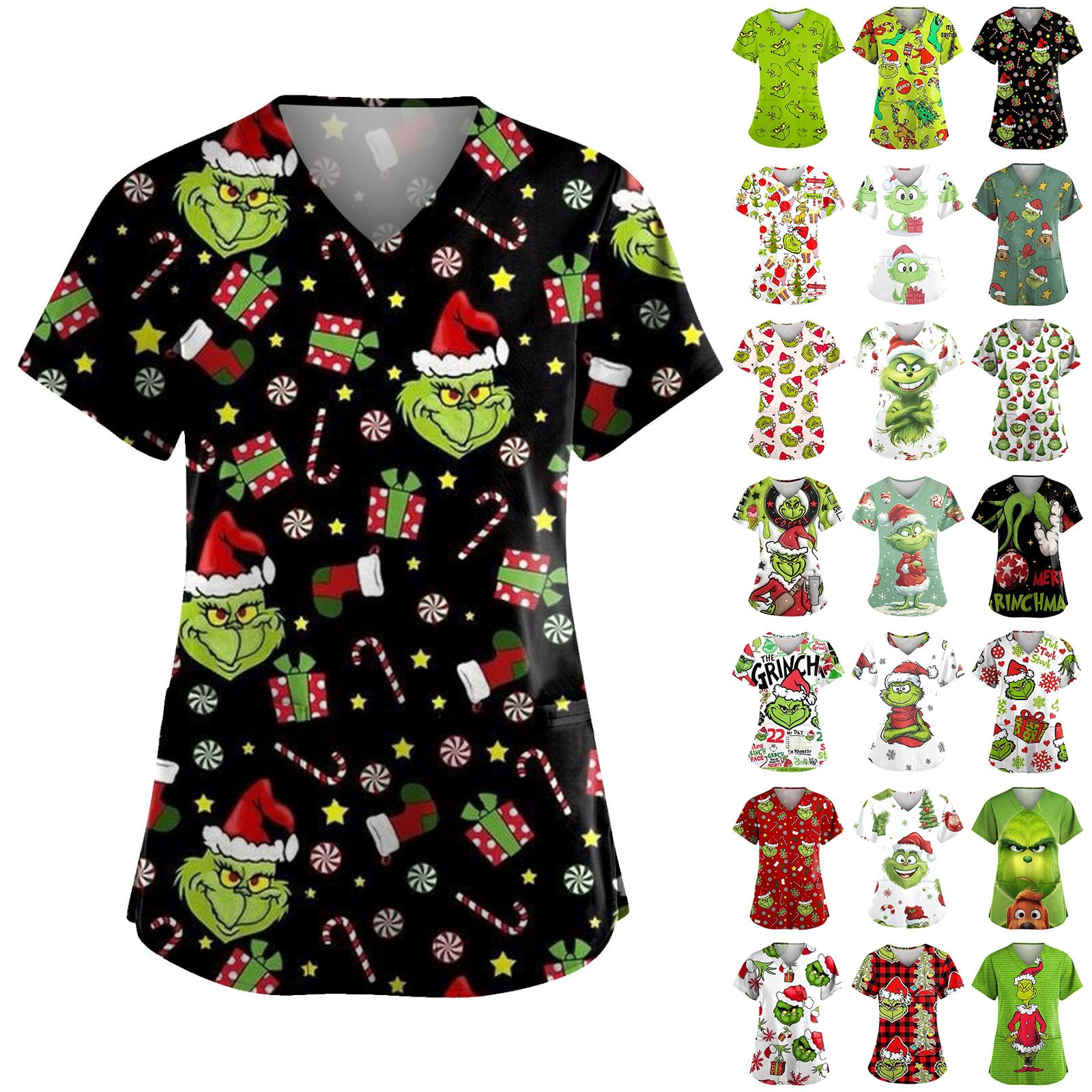 Christmas Scrub Tops Women Funny Xmas Printed Short Sleeve Shirts