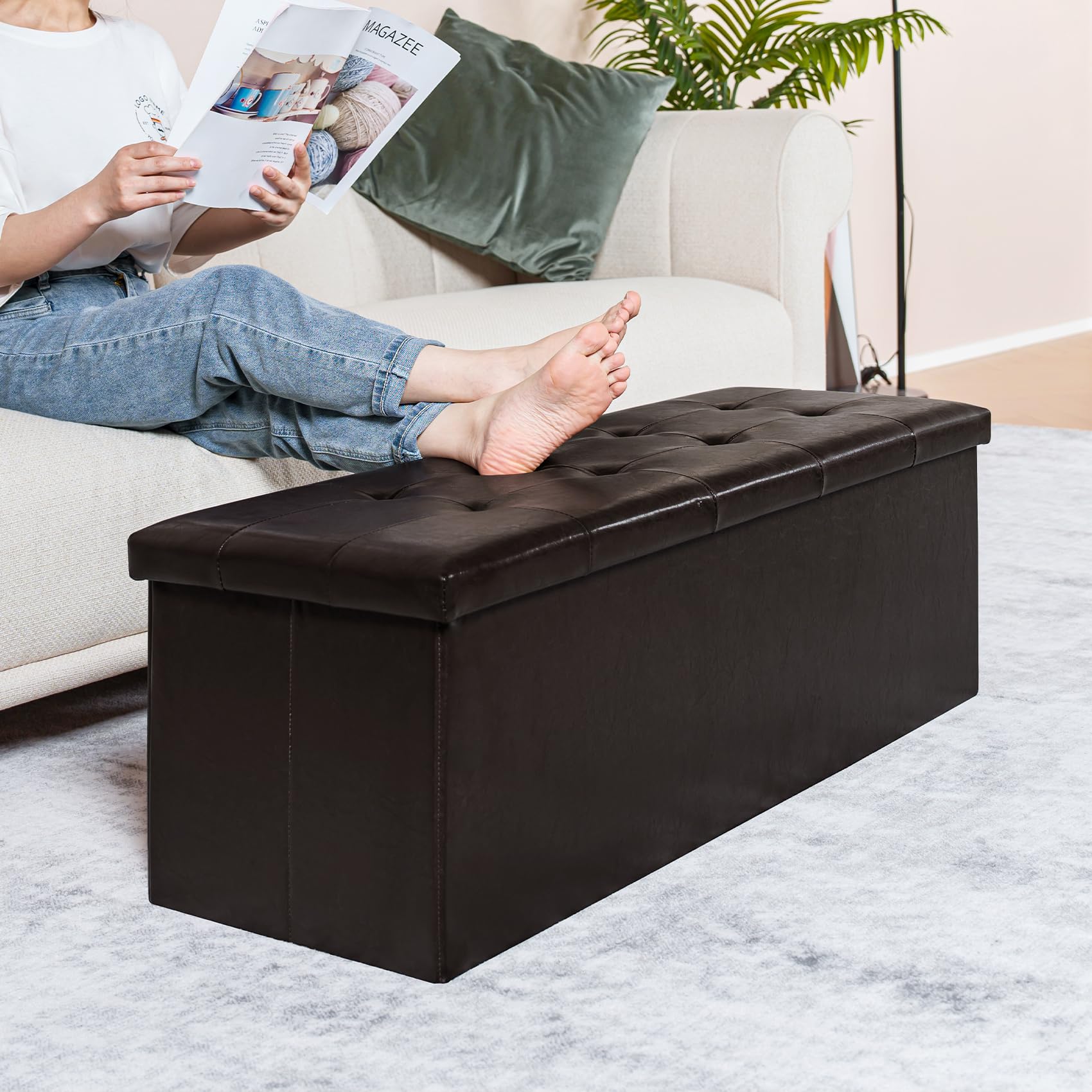 Generate  - Banco otomano plegable de almacenamiento, asiento largo de piel sintética marrón, banco para dormitorio y pasillo, 43.3 x 15.7 x 15.7 pulgadas 5