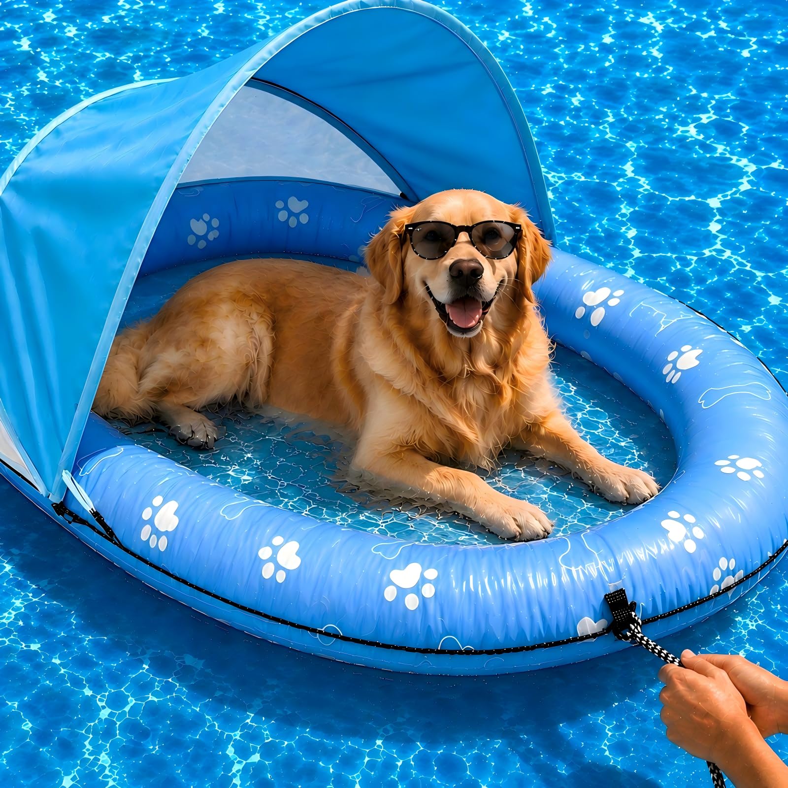 Dog Pool Float with Canopy - Heavy Duty 600D Oxford Anti-Tear Dog Raft, UPF 50+ Removable Sun Shade Inflatable Dog Float for Small, Medium & Large Dogs, Water Summer Toy for Lake & Pool, 55" x 35"