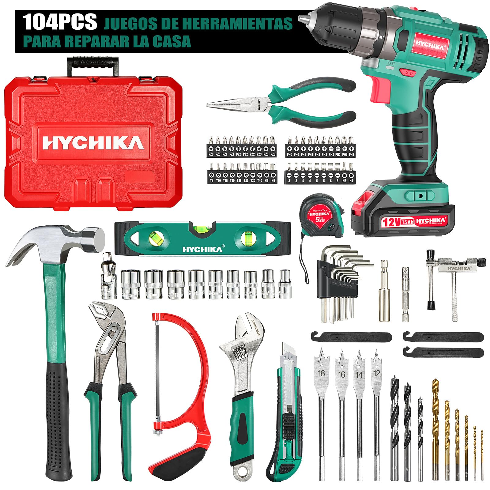 Taladro Atornillador 12V, HYCHIKA 104pcs Taladro Bateria Kit Herramientas Bricolaje, 1,5Ah destornillador electrico, 30N.m Par Máx, 1 Hora de Carga Rápida, Caja Herramientas Completa