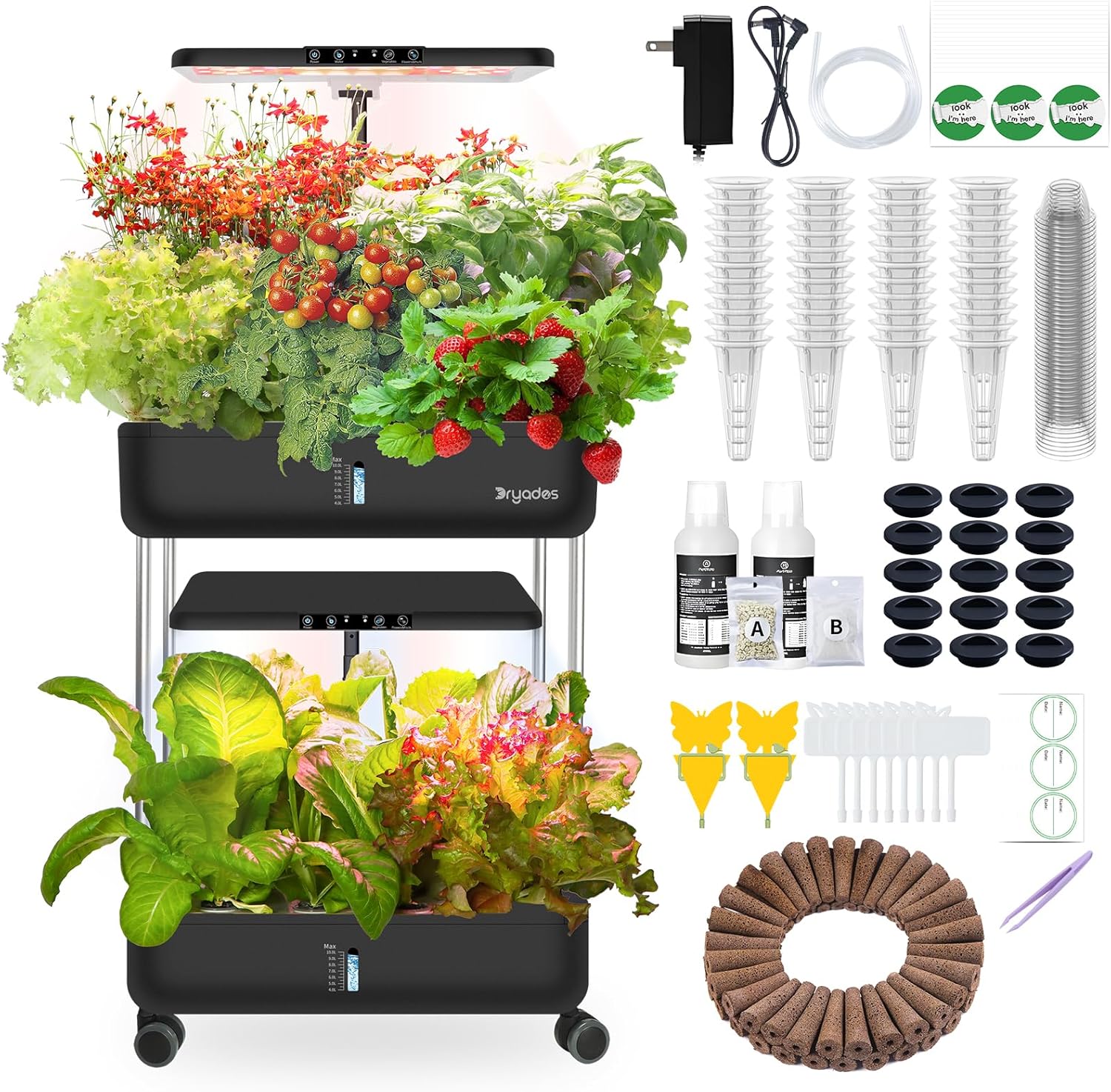 44 Pods Hydroponics Growing System, DRYADES Dual Layers Indoor Garden with LED Full Spectrum Grow Light, 2 × 13.3L Water Tanks, Height & Angle Adjustable, Professional Smart Plant Germination Kits
