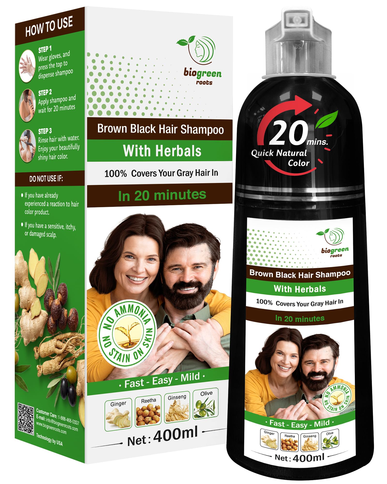 BIOGREEN ROOTS Ammonia-Free & Paraben-Free Herbal Hair Dye Shampoo for Women & Men – Gentle Natural Color Haircare Wash for Gray Coverage, Nourishing Shampoo for Color Care – Brown Black (400 ml)