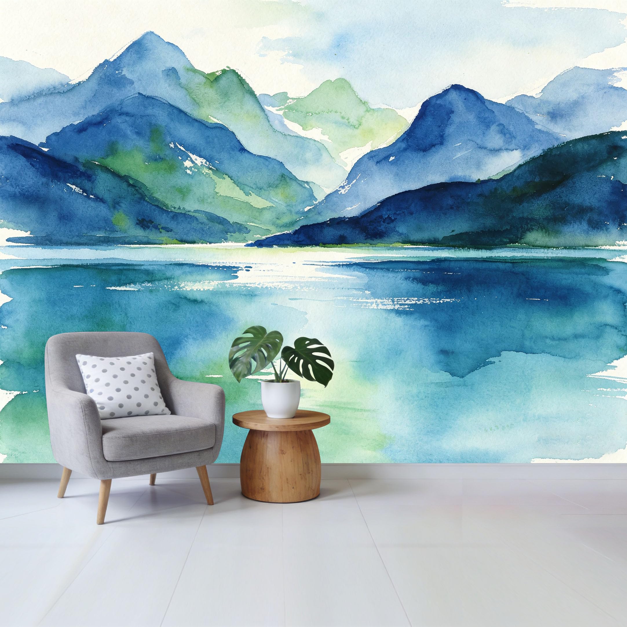 Qzlithotic Yq2605250181 Custom Size Wall Mural Blue Mountain Lake Scenery Watercolor Painting Selfadhesive Wall Fabric Removable Wallpaper For Home Office Decor