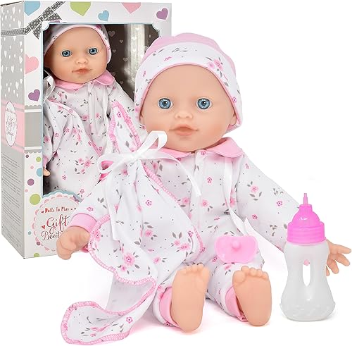 Muñeca de bebé de 12 pulgadas para niños pequeños muñeca de cuerpo suave en caja de regalo muñeca de bebé con chupete manta y ropa floral azul