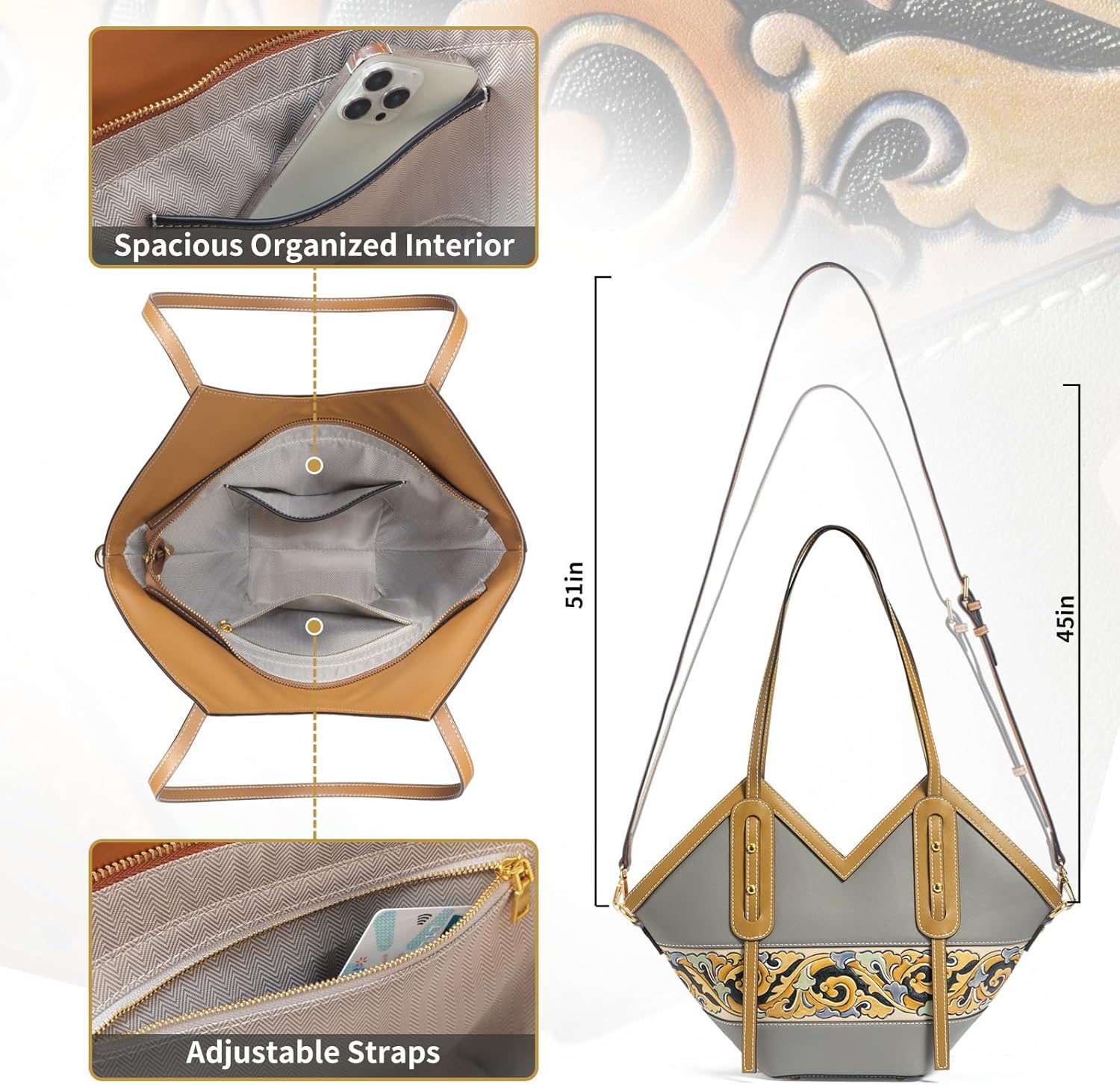 Women's Leather Tote Bag & Large Capacity Hand-Carved Cloud Design, Full-Grain Cowhide